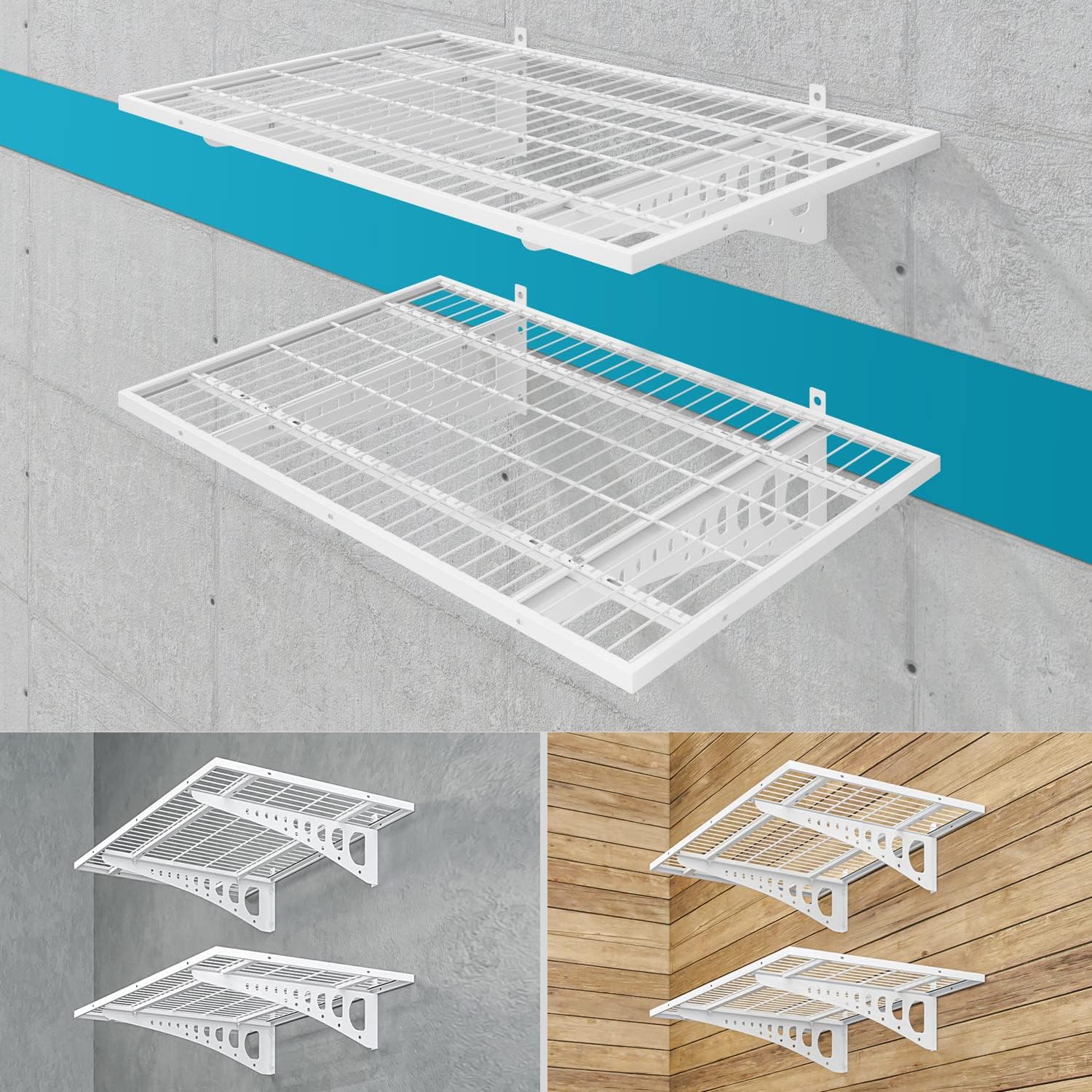 Garage Storage Shelving Wall Mounted, 2 Pack 2x3ft, Loads 500 lbs Heavy Duty Sturdy Wall Shelves, Strong Garage Organiser, Storage Racks Units, White Metal Floating Adjustable Wall System Shelf