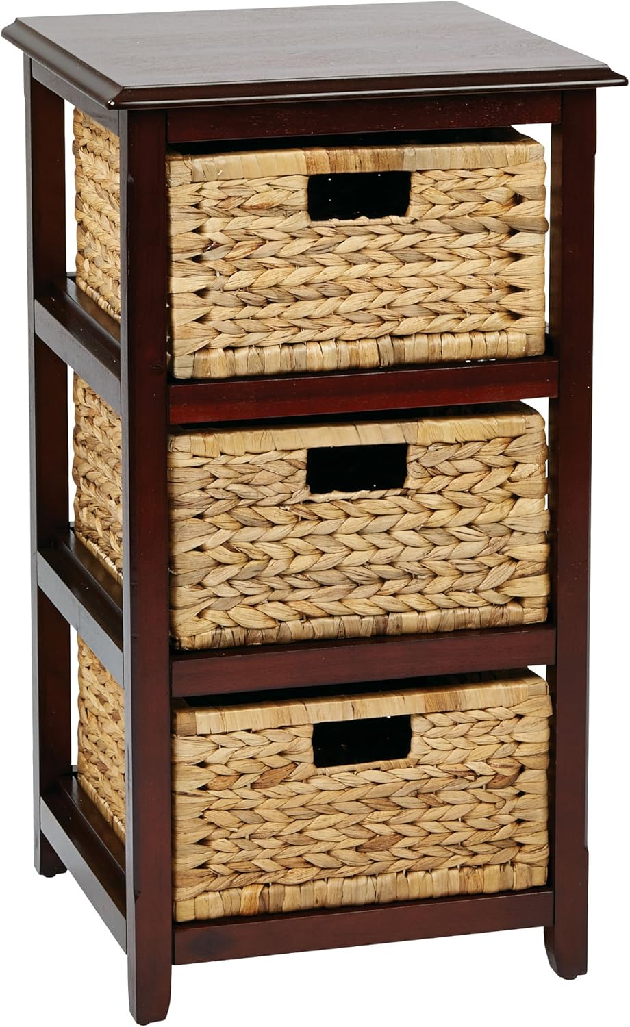 OSP Home Furnishings Seabrook Storage Tower with Solid Wood Frame and Natural Baskets, 3-Drawer, Espresso Finish