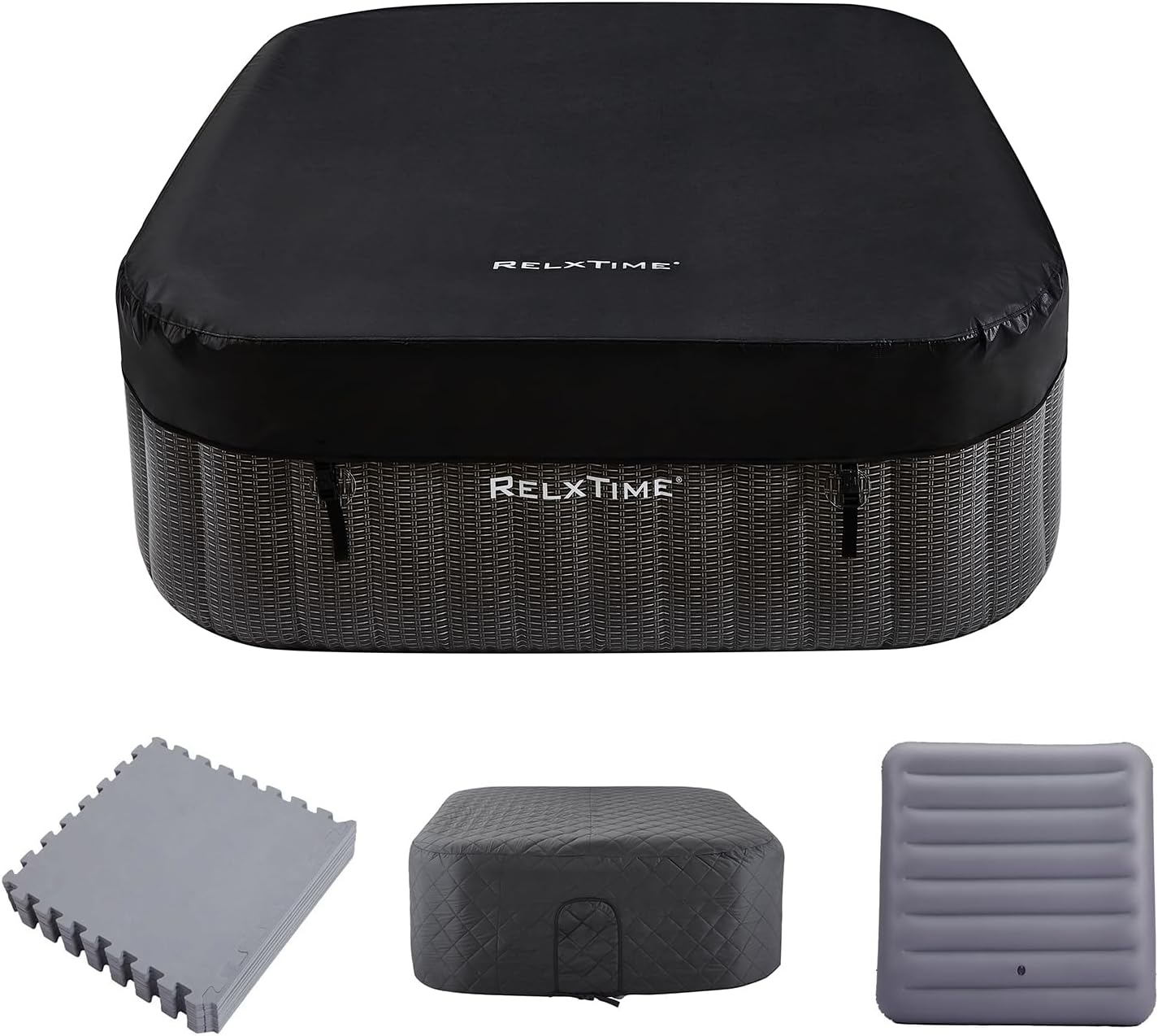 Inflatable Hot Tub 4 to 6 Person with Energy Efficient Cover, Square Portable Blow Up Hottub, 130 Air Jets Outdoor Spa, Built in Heater Pump, Spa for Relaxation, Cup Holder, 2 Filters, Black