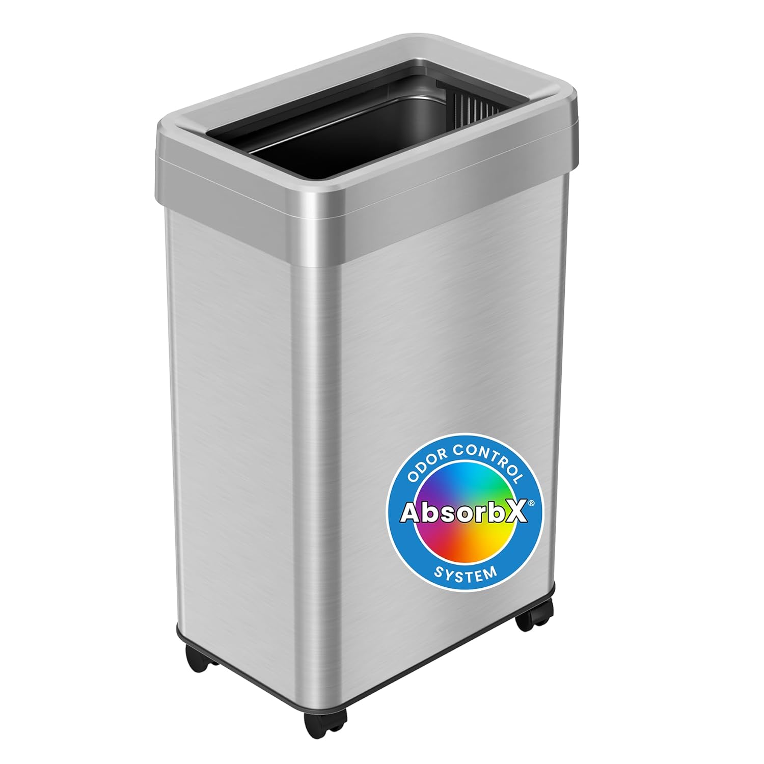 iTouchless 16 Gallon Open Top Kitchen Trash Can Recycling Bin with Wheels and Double Odor Filters Rectangular Commercial Stainless Steel 60 Liter Trashcan Home Office Work Bedroom Livingroom Garage