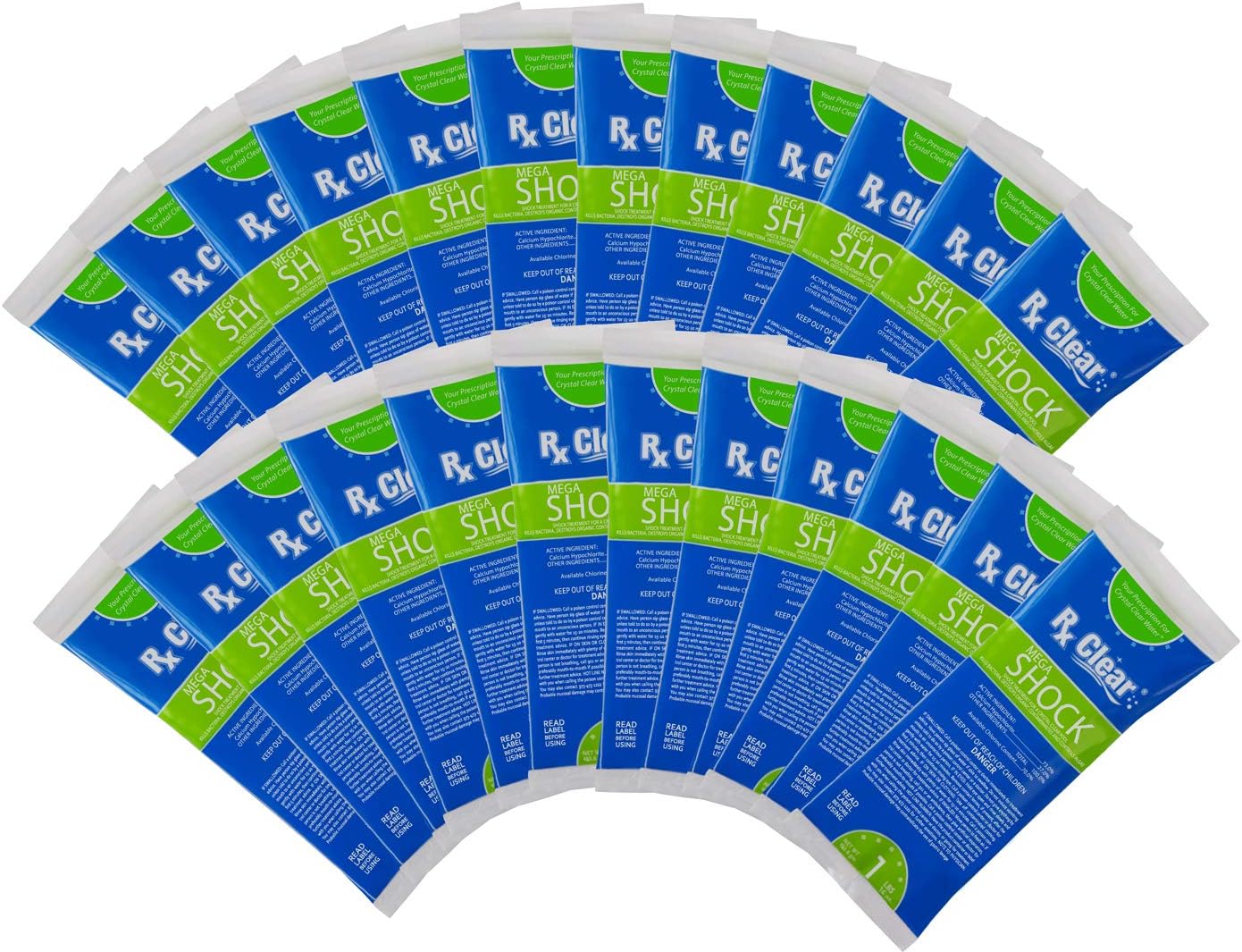 Rx Clear Mega Shock | 73% Calcium Hypochlorite | Kills Algae in Swimming Pools | Works As Pool Sanitizer Clarifier and Algicide | One Pound Bags | 48 Pack