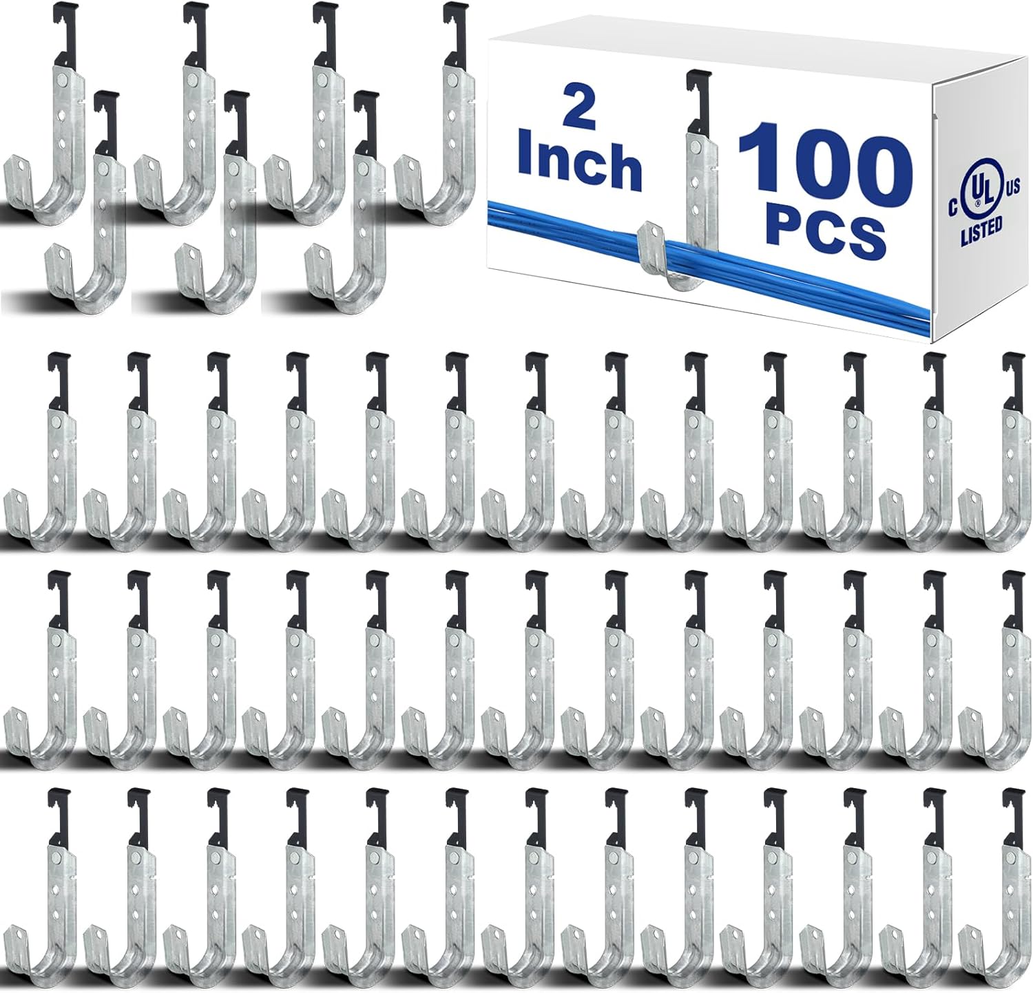 Zonon 100 pcs Metal J Hooks Cable Support J Hook Hangers with Bat Wing Heavy Duty G60 Galvanized Steel Cable for Hanging Attaching Ceiling Wire Threaded Rod, UL Certification(2 Inch)