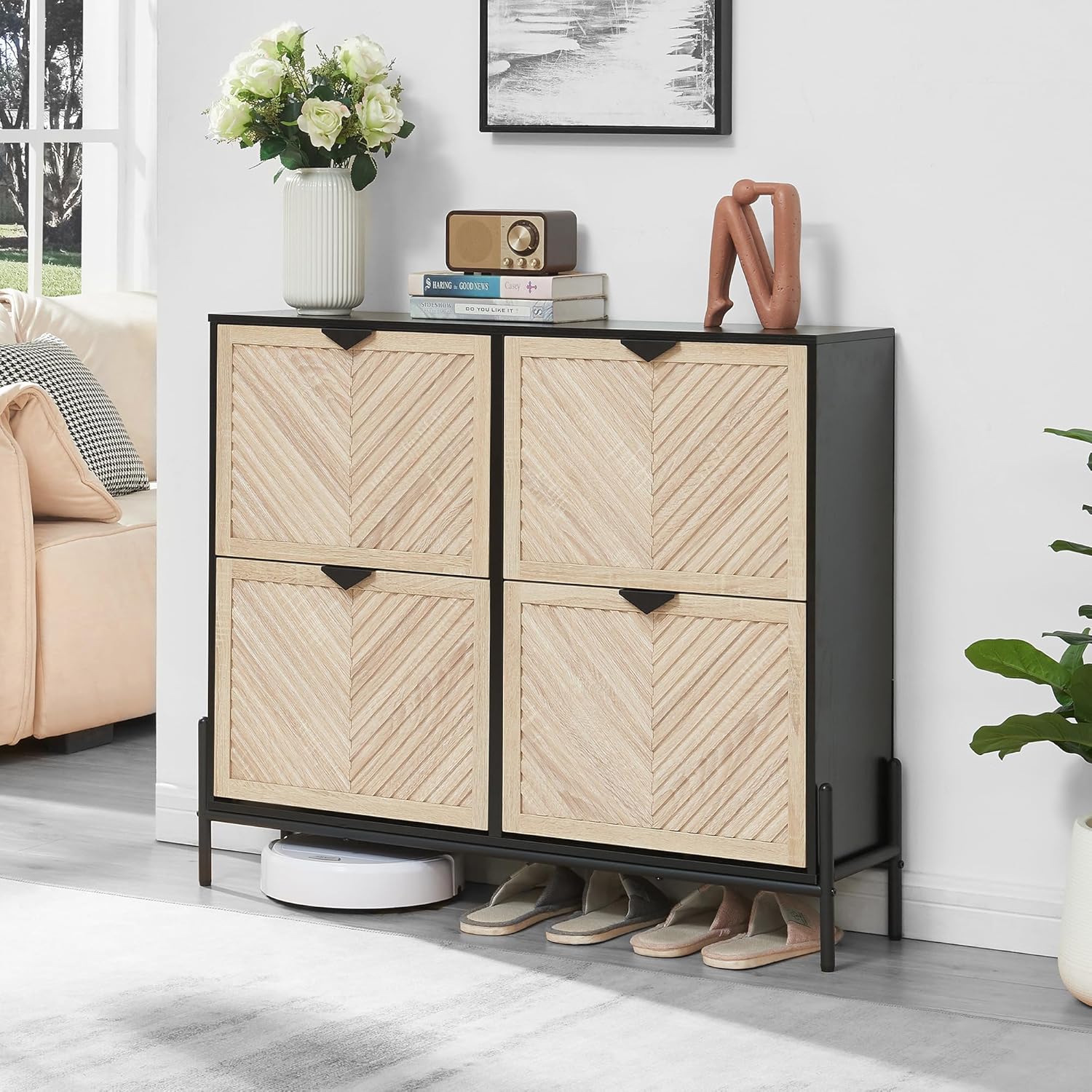 VIPLUMI Shoe Cabinet Storage with 4 Flip Drawers, Narrow Hidden Shoes Organizer Cabinet for Entryway, Freestanding Slim Shoe Rack Front Door Entrance(Oak&Black)