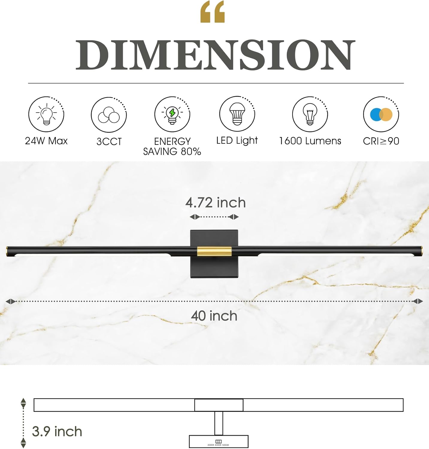 40 Inch Bathroom Light Fixtures, 24W 3CCT Dimmable Black and Gold LED Vanity Lighting Fixtures Over Mirror, 360° Rotatable Modern Bathroom Vanity Light Bar, AD-W9465-L100-BK