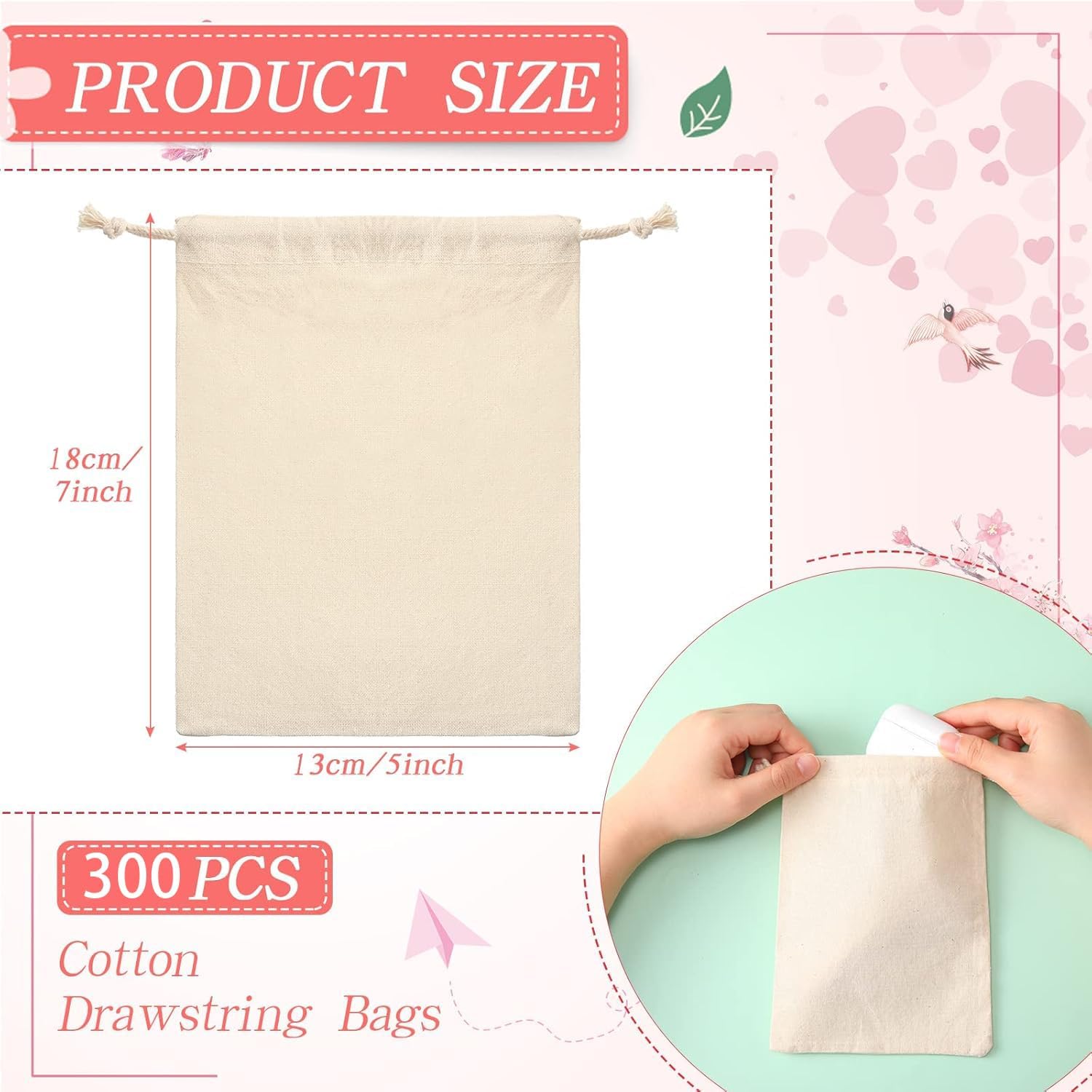 Wesnoy 300 Pieces Cotton Drawstring Bags, Reusable Muslin Bag 5 x 7 Inch for Wedding, DIY Craft, Home Party Supplies, Gift Wrap, Jewelry Pouch