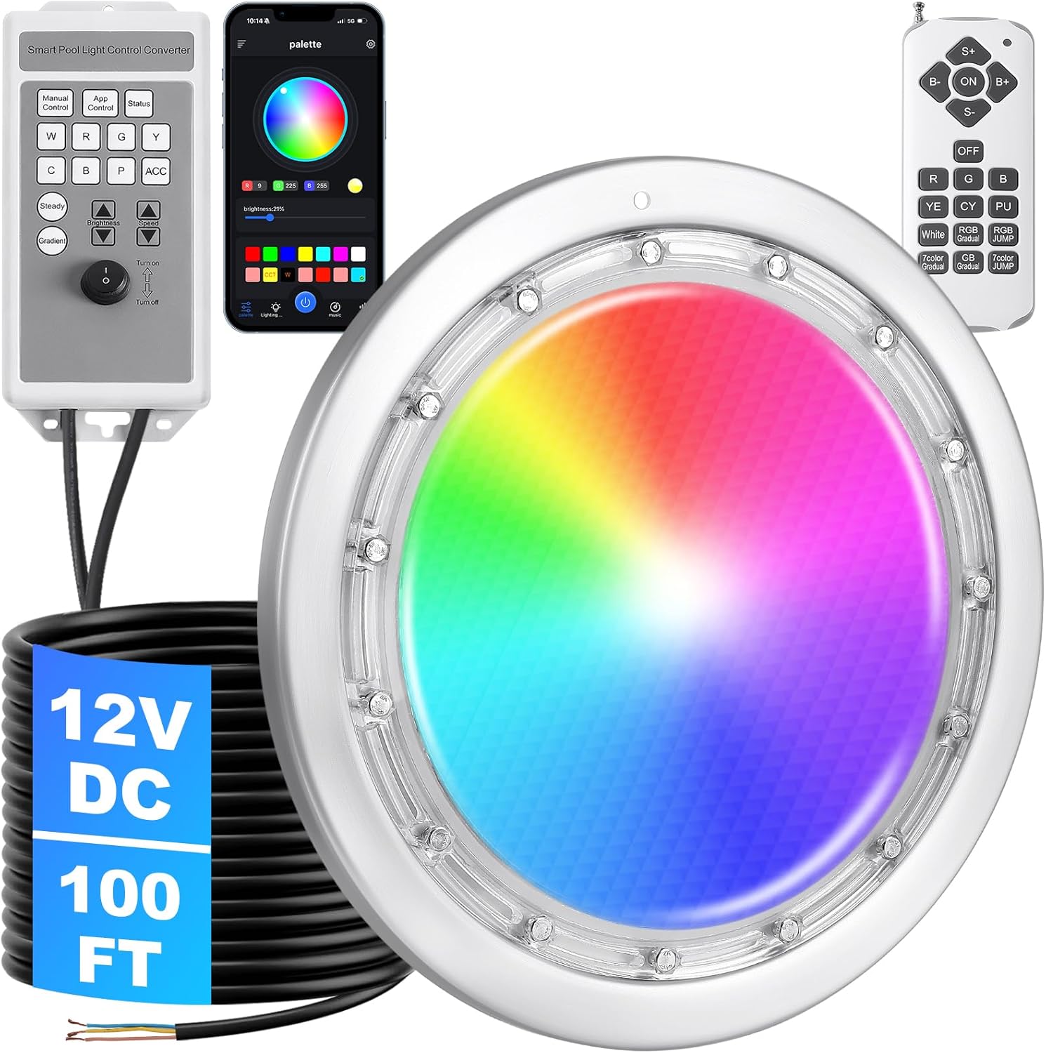 Led Pool Lights for Inground Pool, 100FT Cord, 60W 10 Inch Inground Pool Light with Controller, Remote and APP Control, Flush Mount Pool Light Suitable for Most 10 Inch Wet Niche, IP68