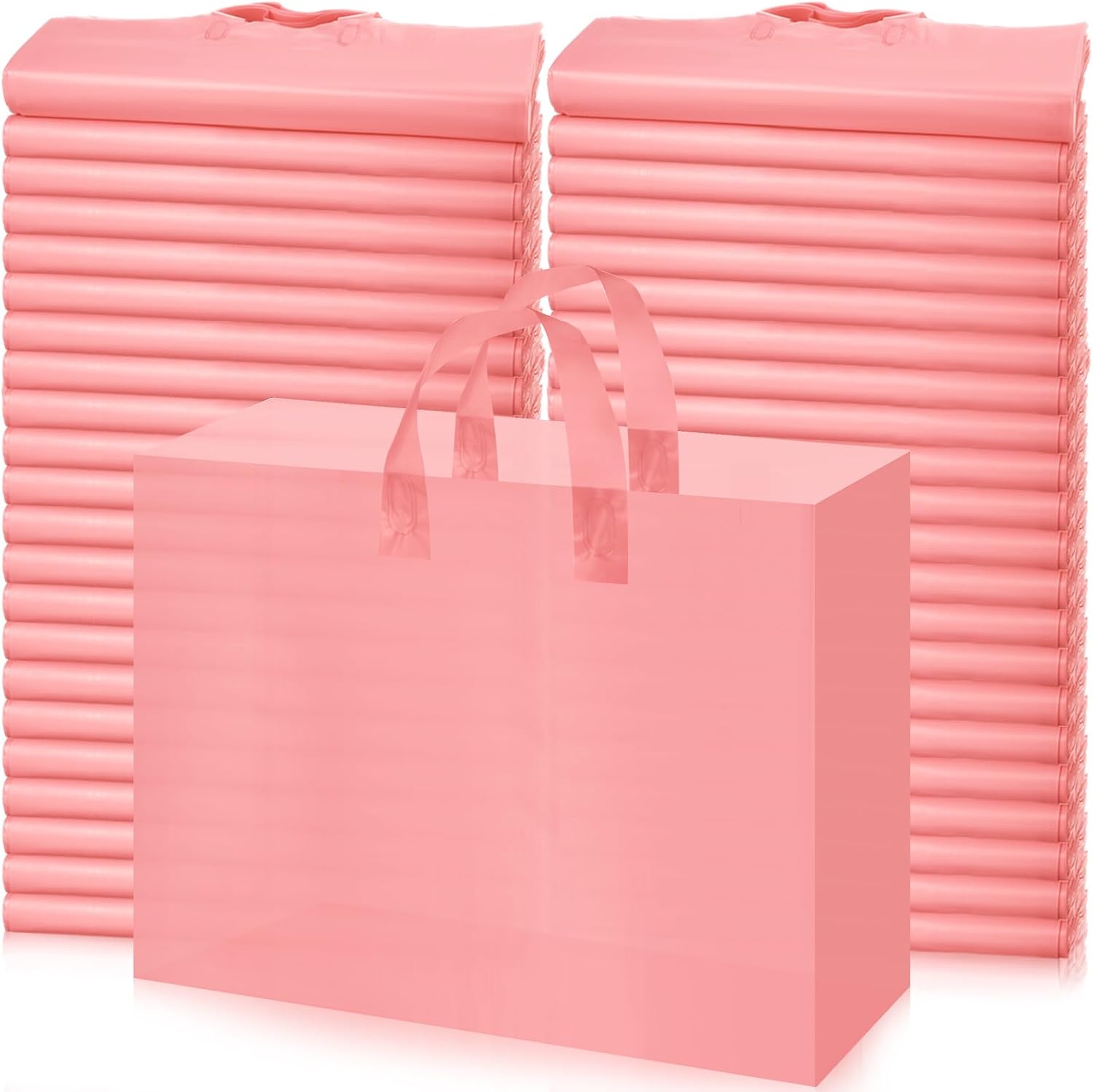 Patelai 200 Pack Frosted Plastic Bags Bulk for Small Business 16 x 12 x 6 Inch Clear Shopping Retail Bags with Handles and Cardboard Bottom for Gifts Store Grocery Goodies Party Favors(Coral Pink)