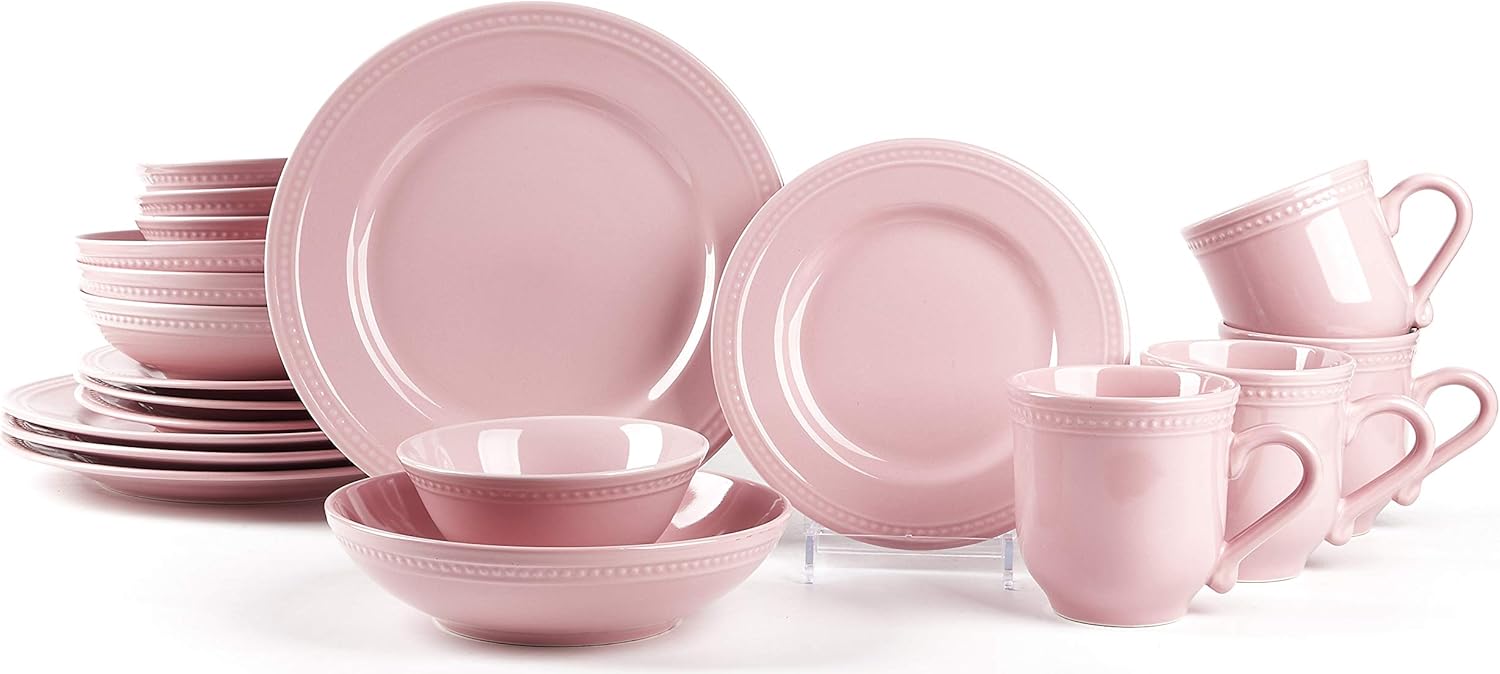 Pearl Dots Stoneware Dinnerware Set (20pc Set, Pink)