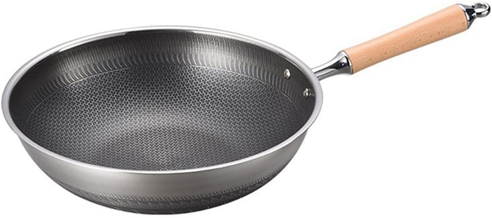 316 Stainless Steel Frying Pan with Wooden handle Nonstick pans Induction Cooker Gas Stove Special Kitchen Flat-bottom Wok（34cm）