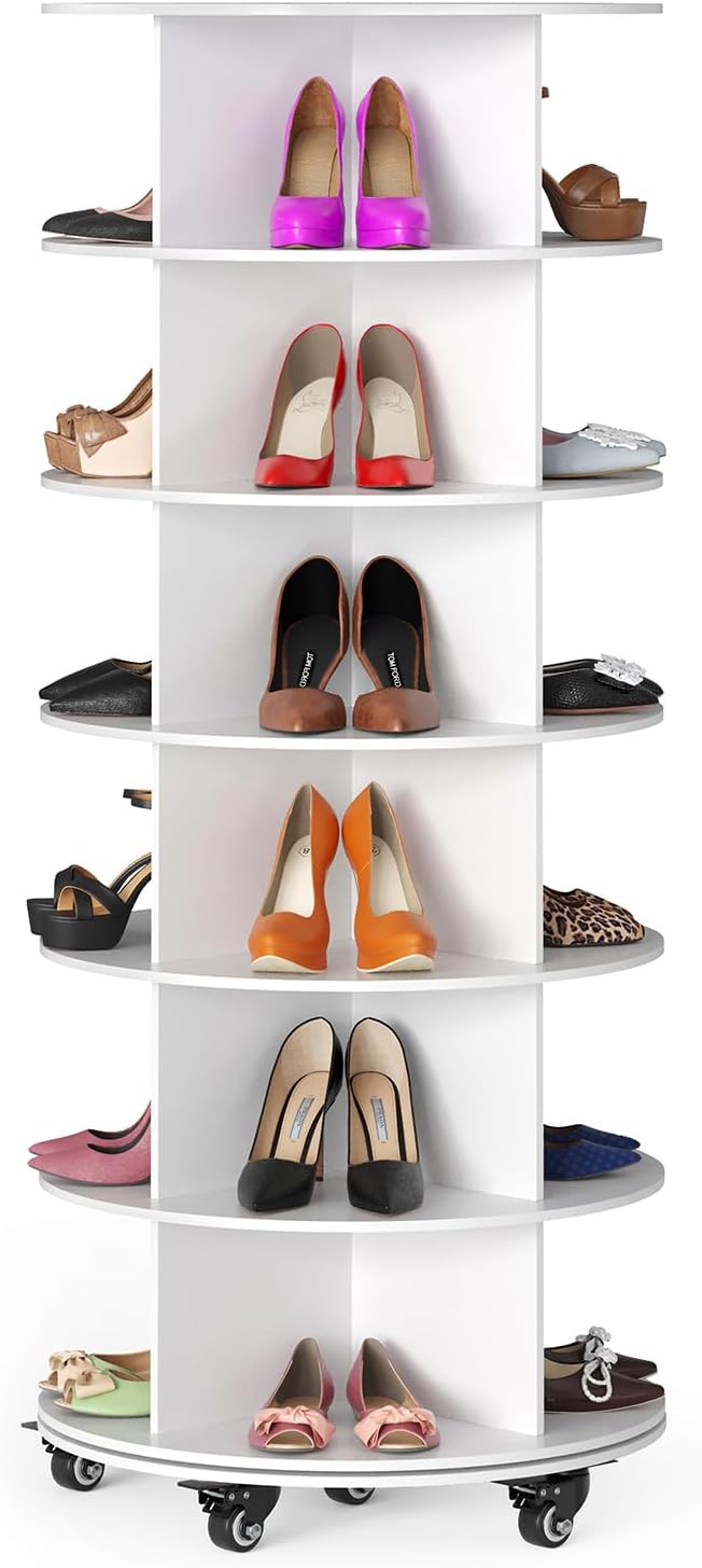 SpaceAid Spinning Shoe Rack with Wheels, 6 Tier Rotating Organizer Shoe Tower Lazy Susan with Thick Bottom, 360 Display Revolving Storage Shelf, Round Circular Rotate Organization, White