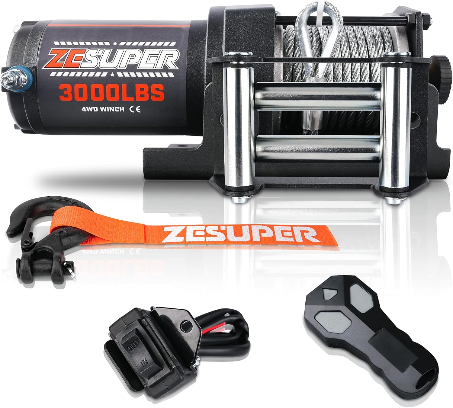ZESUPER 3000 lb Electric Winch for ATV UTV Trailer Boat Synthetic Rope Winch 12V DC Off Road Towing Winches with Wireless Remote Mounting Bracket
