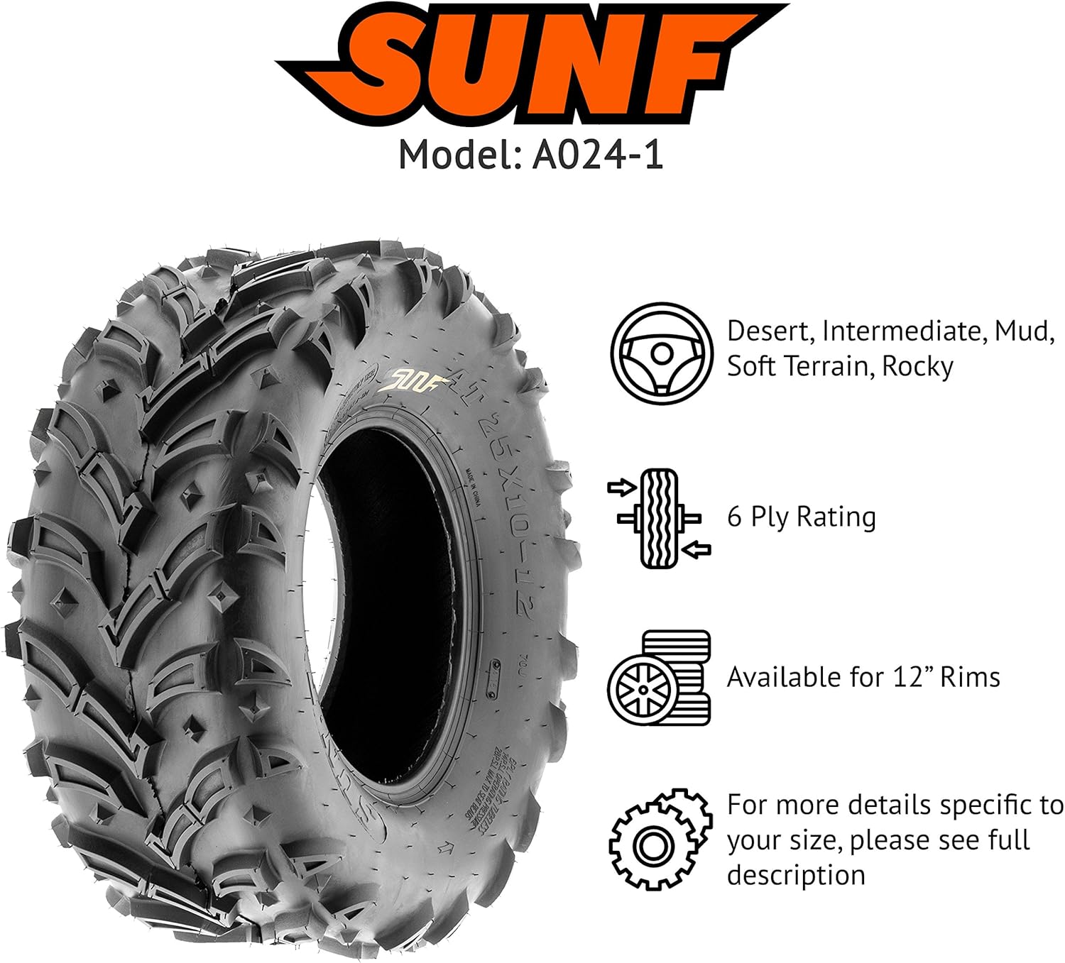 SunF A024 25x10-12 ATV UTV Mud/Trail Tire, 6-PR