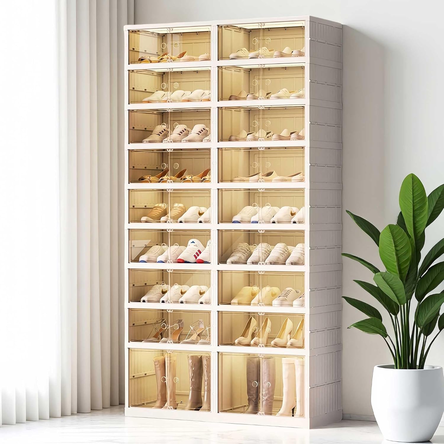 9-Tier Foldable Shoe Rack Organizer for Closet, Holds 36 Pairs Collapsible Plastic Storage Cabinet with Doors, Easy Assembly Large Shoe Shelf