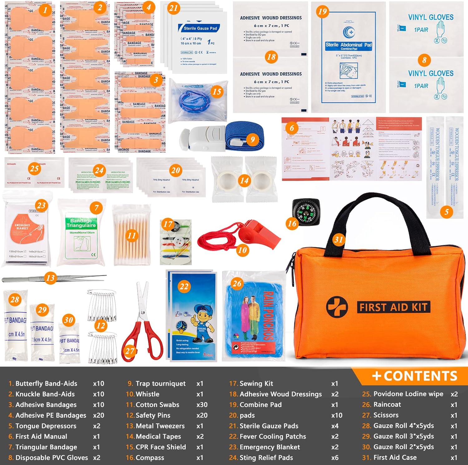 Car Emergency Kit with Portable Air Compressor - Roadside Assistance Emergency Kit with Jumper Cables, First Aid Kit, Auto Tool Set, Winter Safety Kit for Women, Men, Teen (Orange)