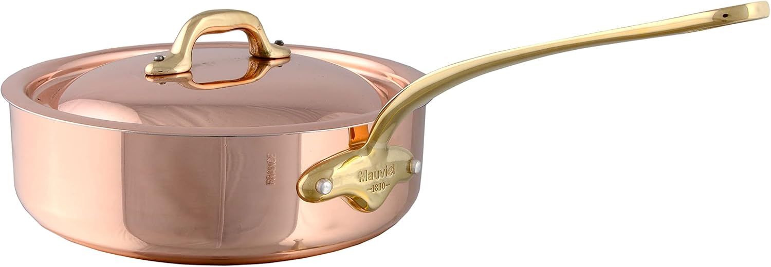 Mauviel M'Heritage 150 B 1.5mm Polished Copper & Stainless Steel Saute Pan With Lid, And Brass Handles, 3.3-qt, Made in France