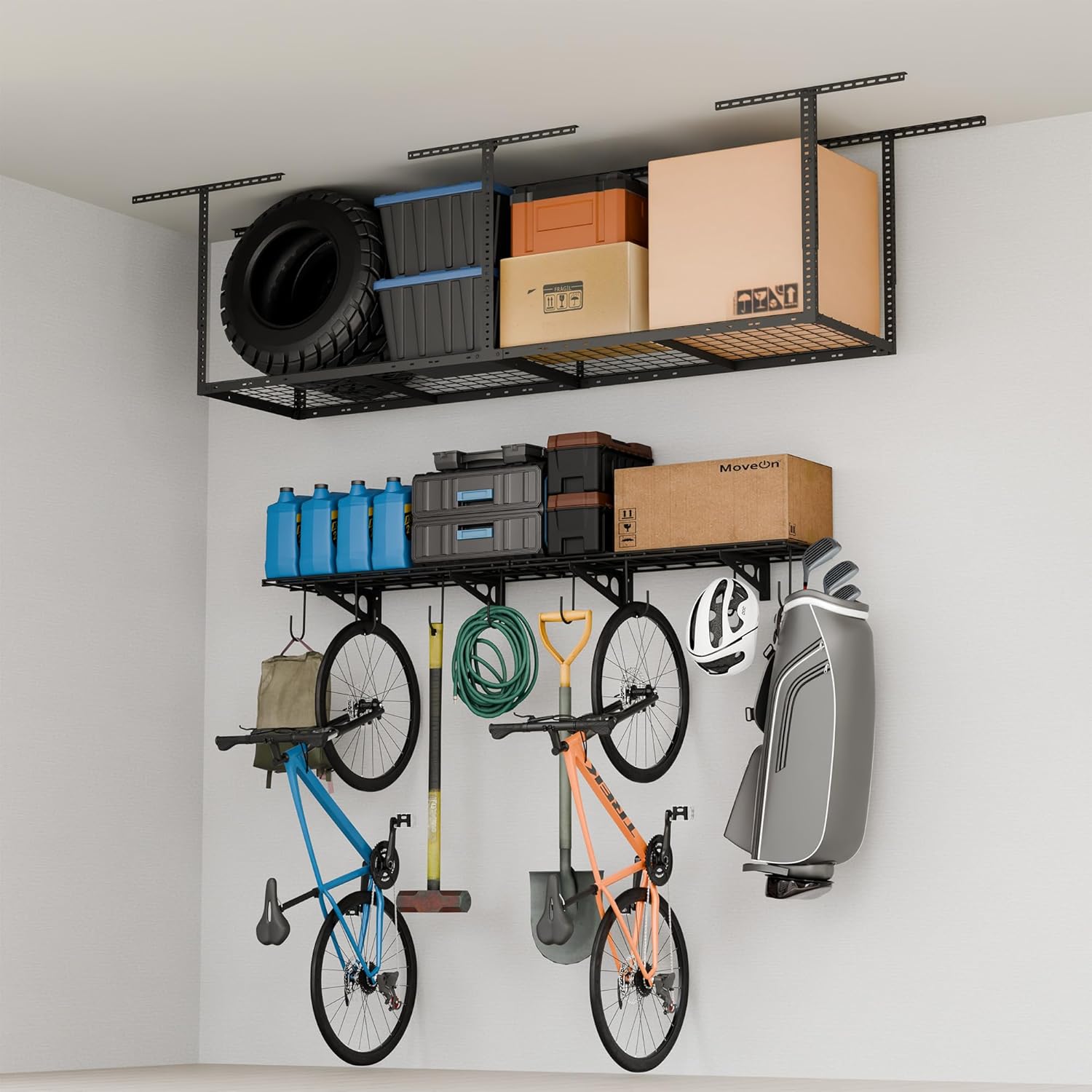 FLEXIMOUNTS Garage Storage Bundle – 2-Pack 1x3ft Wall Shelves with 8 Bike Hooks (300lbs Capacity) & 2x8 Adjustable Overhead Ceiling Rack (400lbs Capacity), Heavy-Duty Metal Garage Organization System,