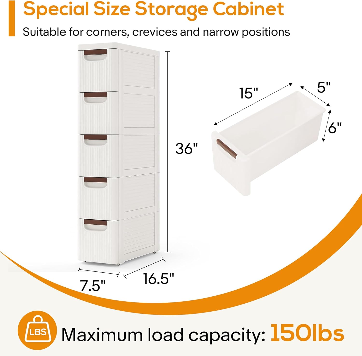 5 Drawers Slim Bathroom Storage Cabinet Dresser, Narrow Plastic Rolling Cart Organizer with Drawers, for Small Spaces, Kitchen, Laundry, Office, Bedroom, White