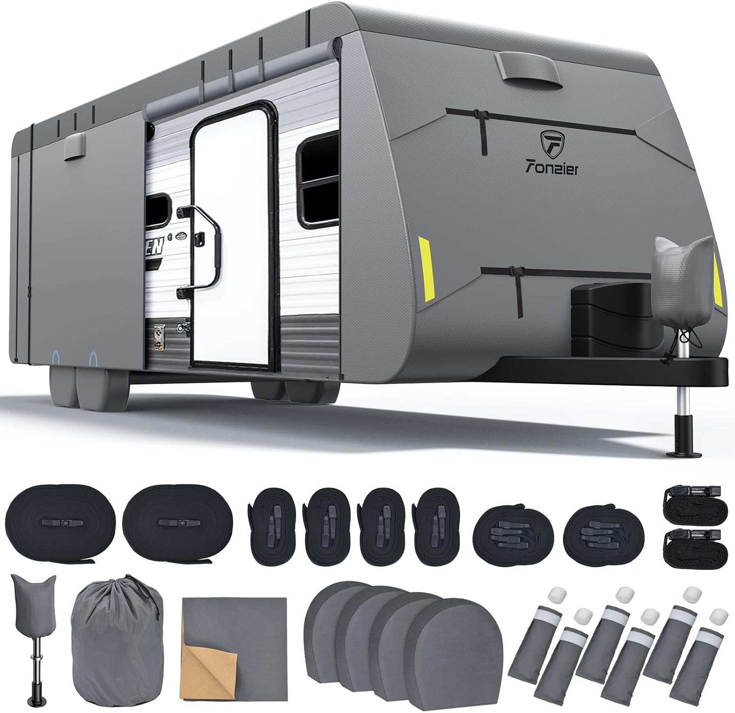 RV Cover 24-26ft: Extra Thick 600D Oxford Travel Trailer Cover, Waterproof Winter Camper Cover with 4 Tire Covers, Extra Windproof Ropes, Gutter Cover, Rip-Stop Anti-UV