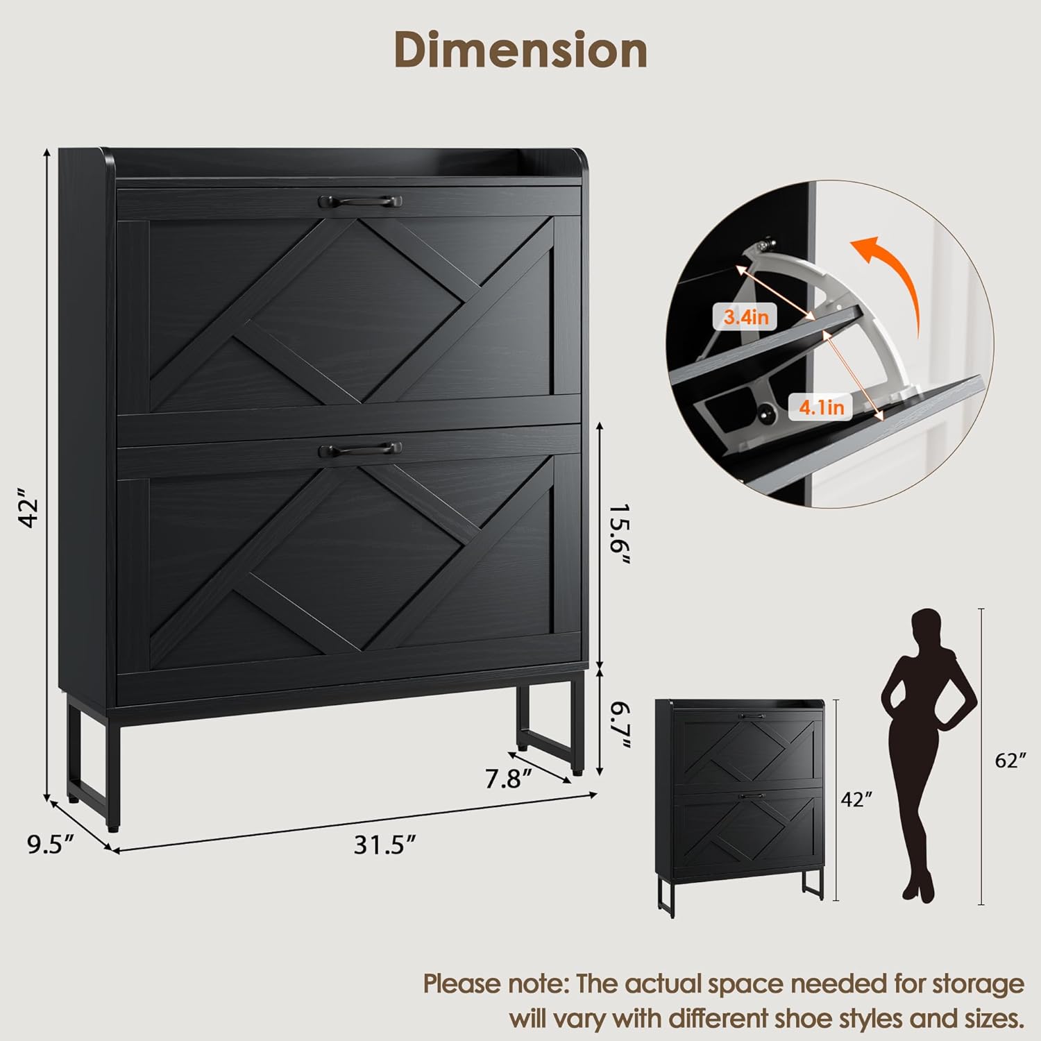 Nicetree Shoe Storage Cabinet with 2 Flip Drawers, Freestanding Shoe Organizer, Shoe Cabinet with Metal Legs, Narrow Shoe Rack Cabinet, Farmhouse Slim Shoe Cabinet for Entryway, Foyer, Hallway, Black