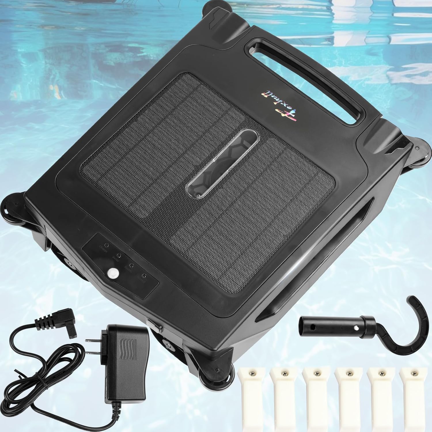Solar Powered Robotic Pool Skimmer Cleaner, 6+ Hours Runtime, Auto Obstacle Avoidance, Dual Charging (Solar/Adapter), IPX7 for Pools Up to 1600 SQ/FT