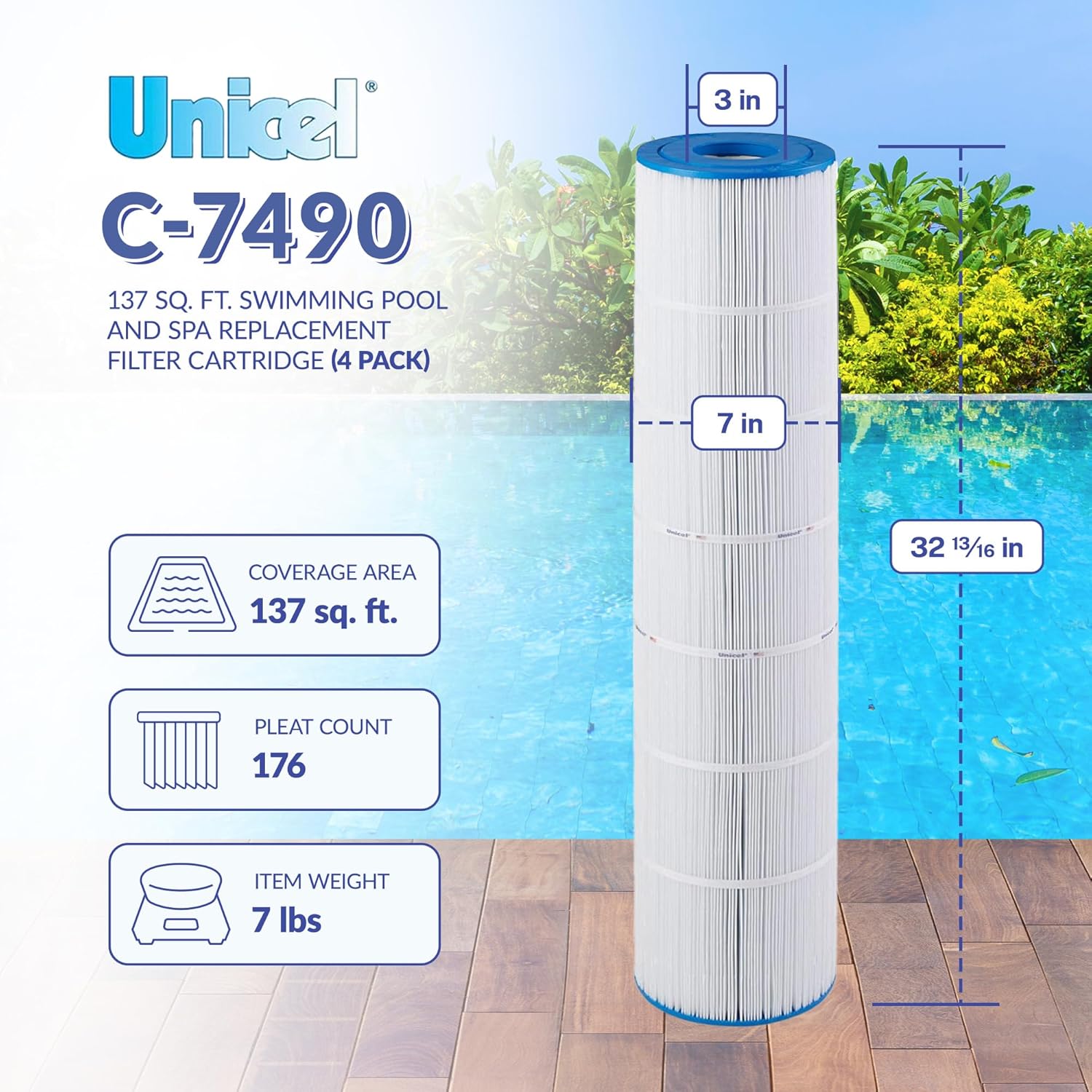 Unicel C-7490 137 Square Foot Media Replacement Pool Filter Cartridge with 176 Pleats, Compatible with Hayward Pool Products (4 Pack)
