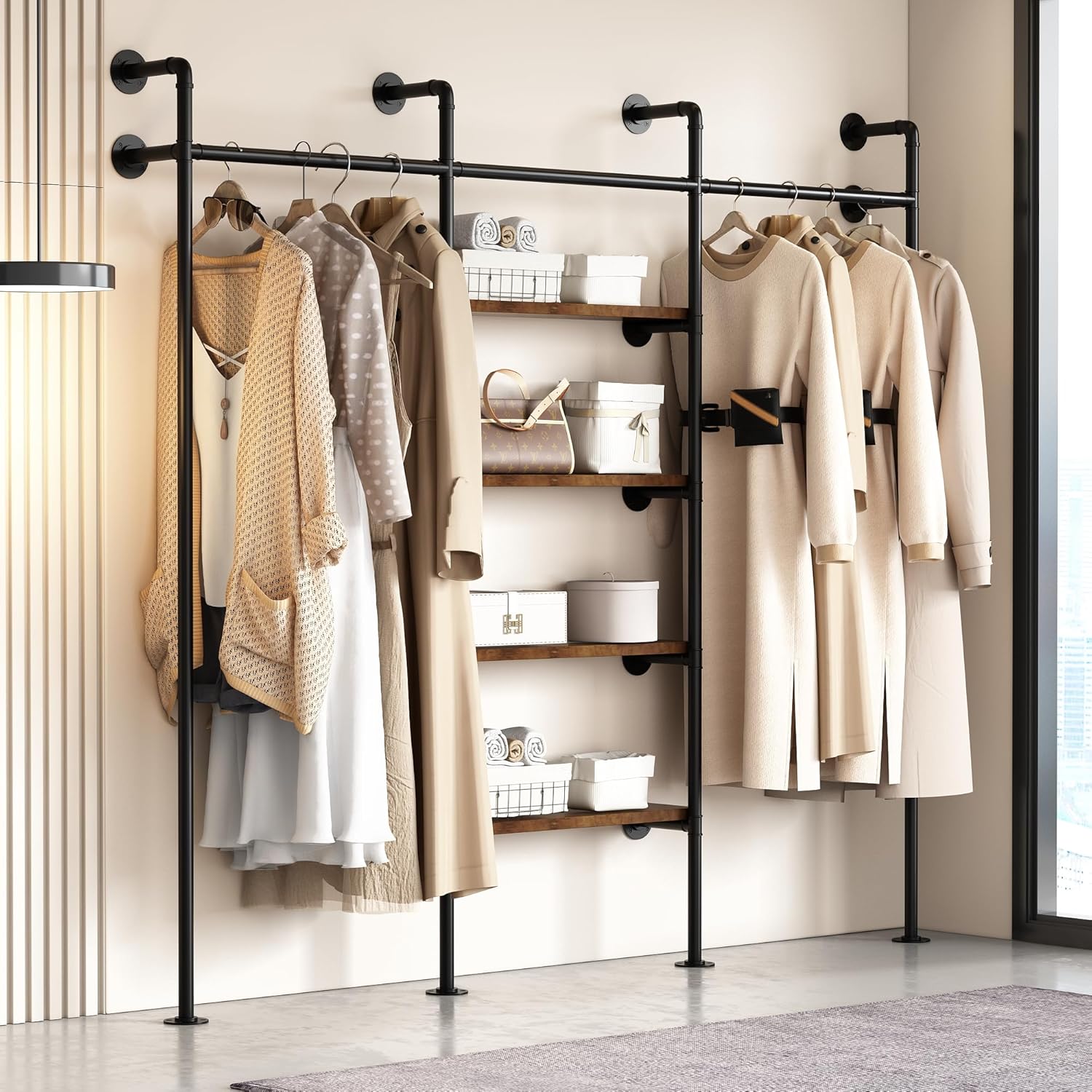 Industrial Pipe Clothes Rack,Wall Mounted Clothing Rack Wardrobe Multi-Purpose Storage Clothes Hanging Shelf-94.5''L Black