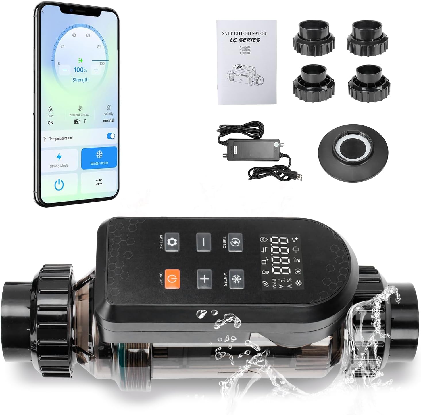Smart Salt Water Pool Chlorinator System with Smart Digital Panel & with App Remote Control & Titanium Plate Self-Cleaning WiFi Electrolytic Salt Chlorine Generator for Pools,Up to 25,000 Gallons