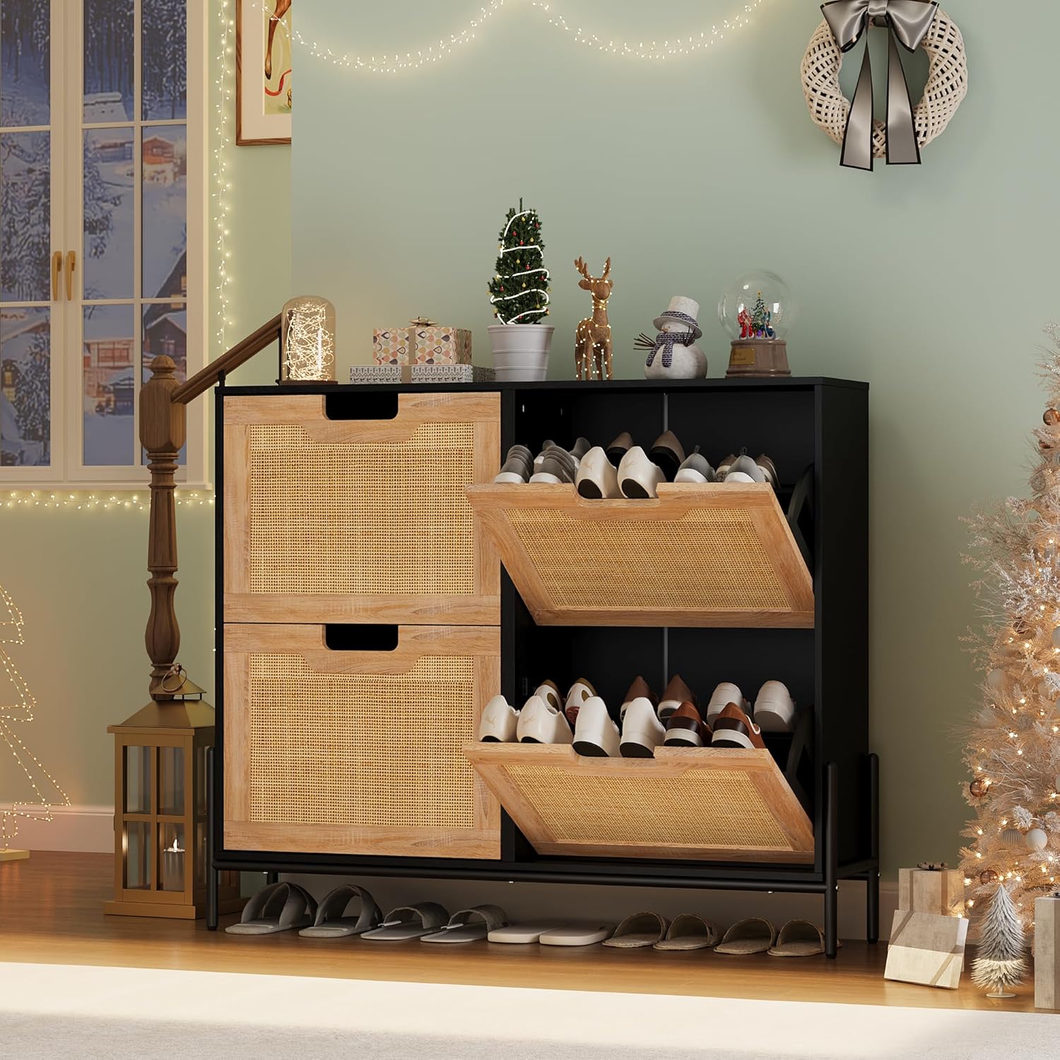 GarveeHome Natural 4 Flip Door Entrance Shoe Cabinet Freestanding, Rattan Storage Cabinet with 3-Tier Adjustable Shelves for Entryway, Entrance Hallway, Entry Way Cabinet with Storage, White