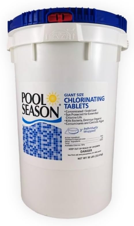 Pool Season 3 Inch Chlorine Tablets – Stabilized, Individually Wrapped, Slow-Dissolving Tri-Chlor Tabs – 90% Available Chlorine – 50 lb Bucket for Swimming Pools