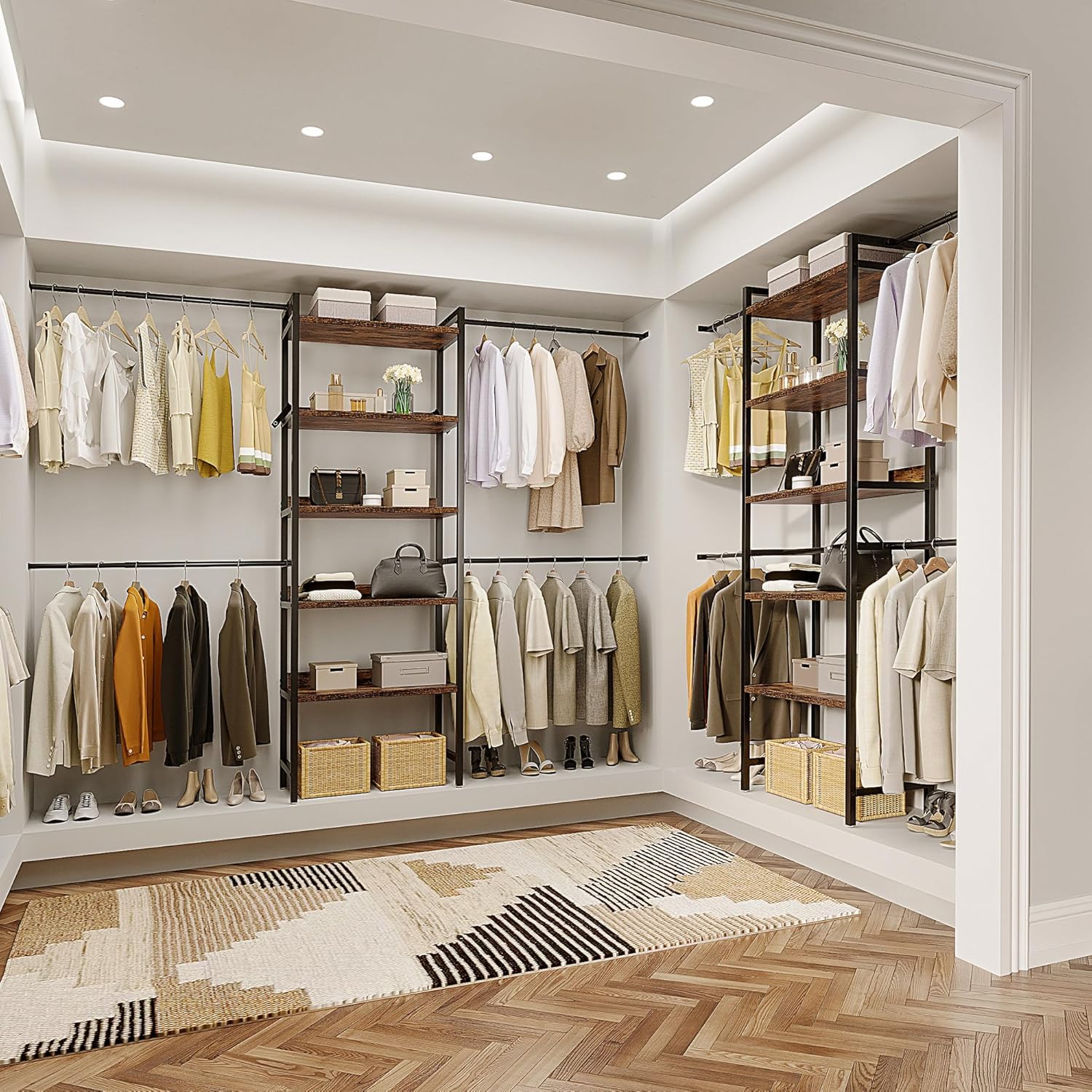 DWVO Closet Organizer System for Bedroom, Adjustable Heavy Duty Garment Rack Walk In Closet System, 4 Expandable Hanger Rods 5-Tier Wood Closet Storage Shelves with Backplane, Fits 6-9 ft Space, Black