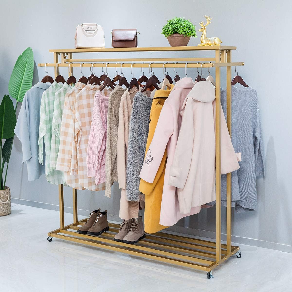 HANS CAO Metal Clothing Rack Standing Garment Rack Boutique Rolling Display Rack Closet Organizer 63'' (Gold)