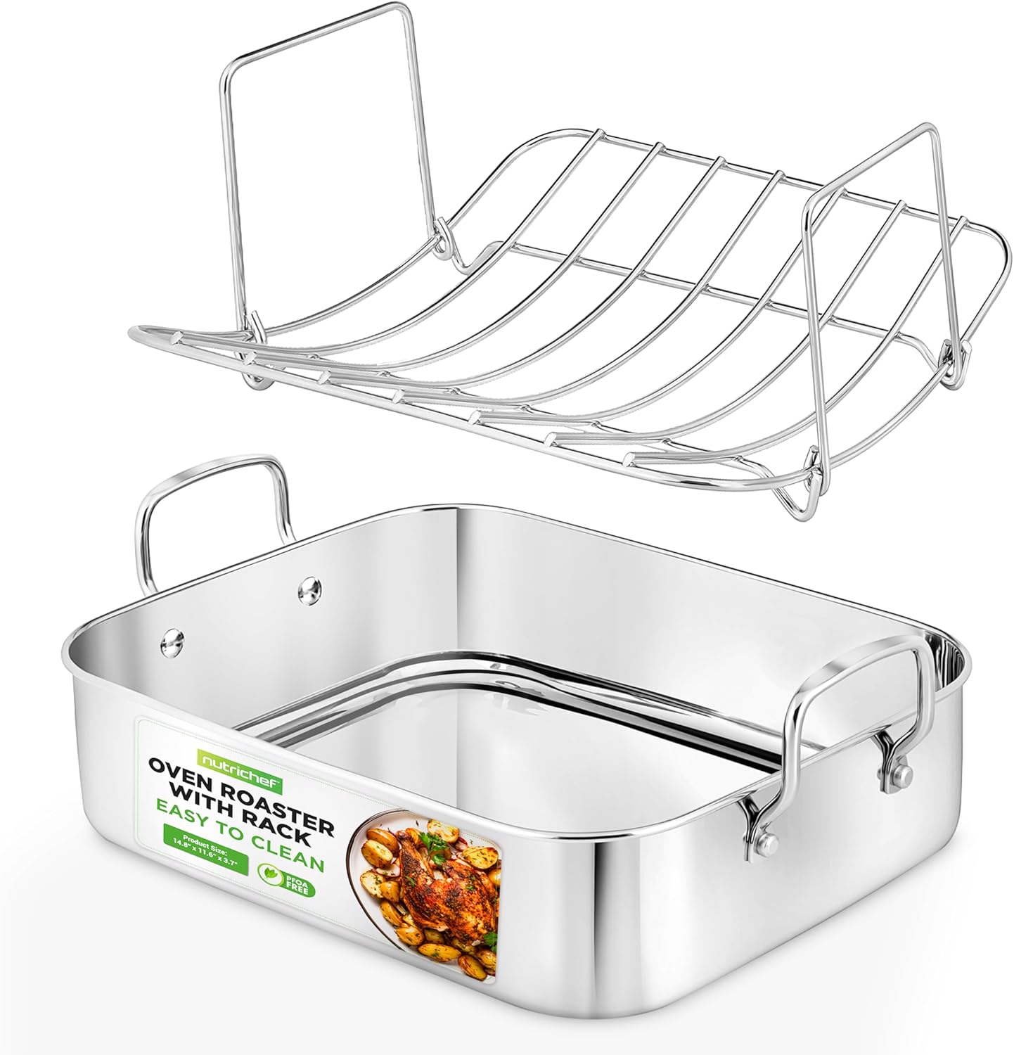 NutriChef 14-Inch Stainless Steel Oven Roasting Pan with Polished Wire Rack - Kitchen Roaster Tray w/ Built-In Handles - Heavy Duty Bakeware for Turkey, Chicken, Meats, & More - NCTURKSS26
