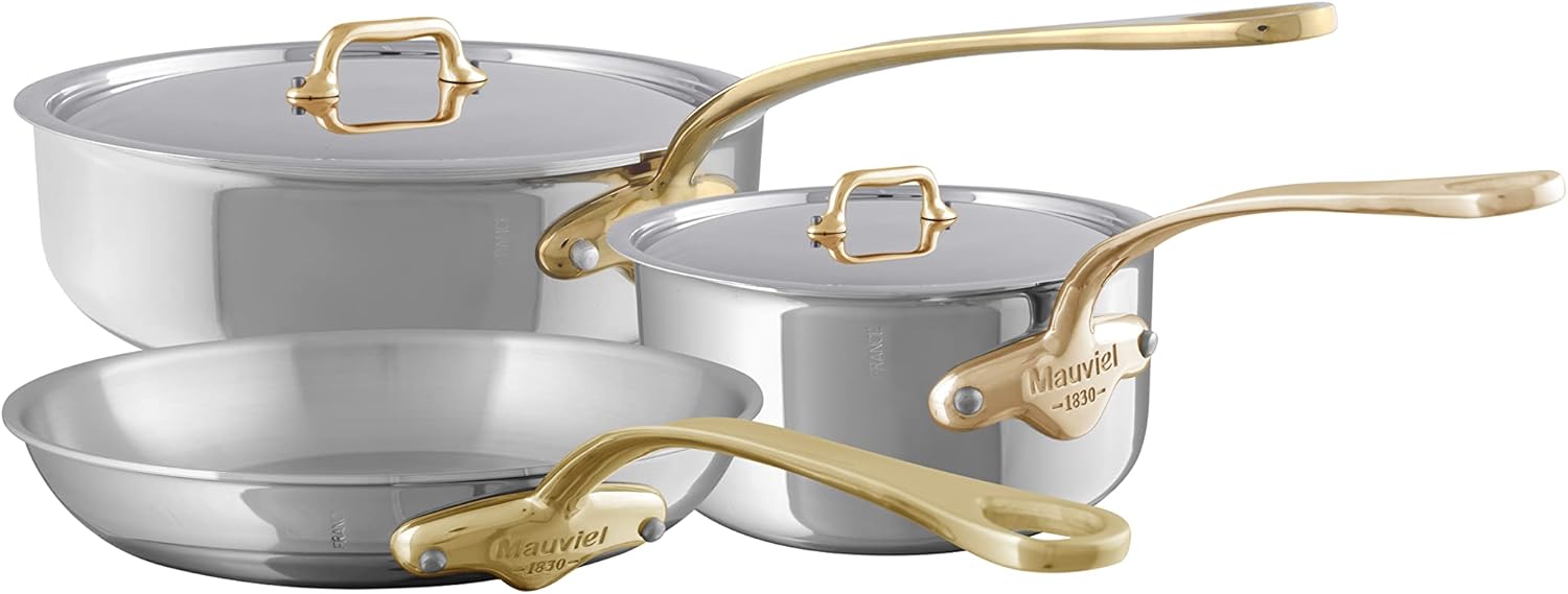 Mauviel M'Cook B 5-Ply Polished Stainless Steel 5-Piece Cookware Set With Brass Handles, Made In France