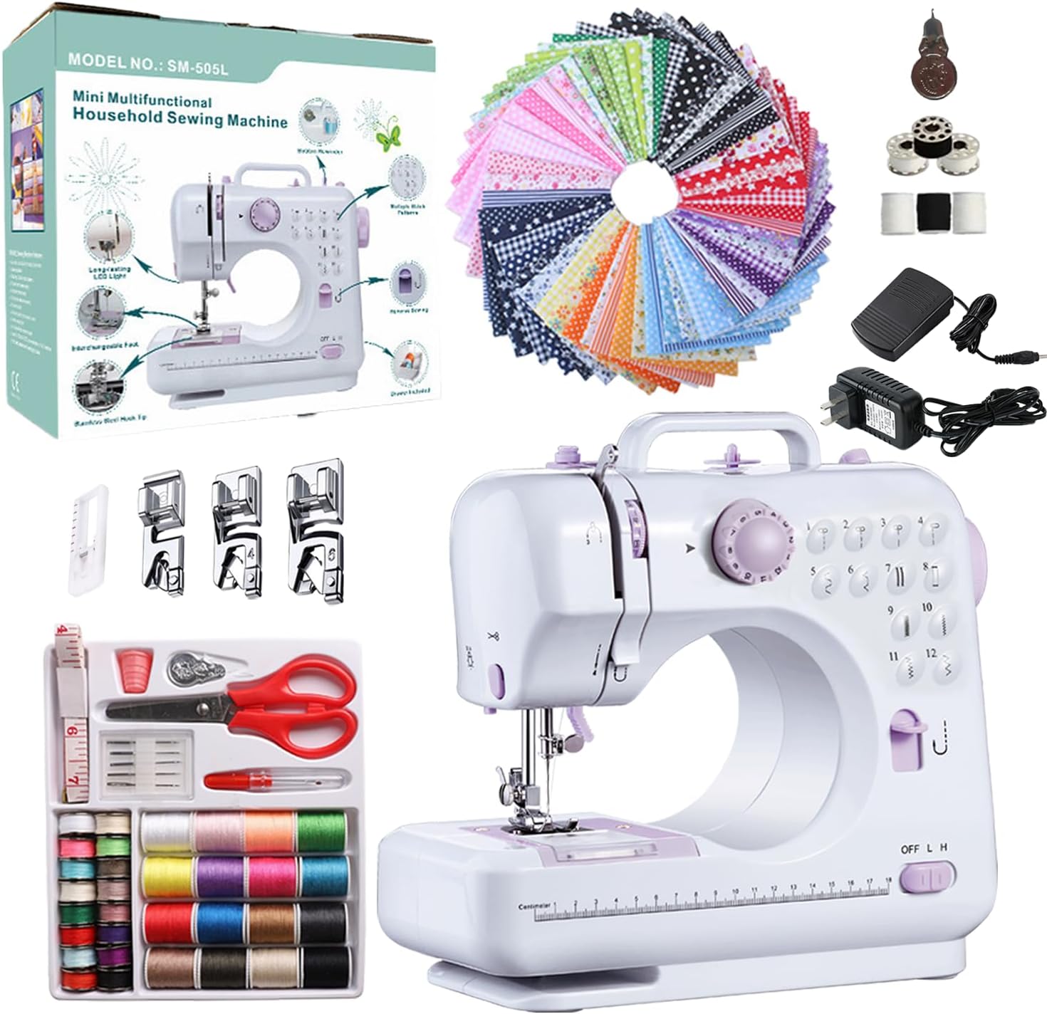 Sewing Machine for Beginners, Electric Portable Mini Sewing Machine with 50 Pcs Fabric and 32 Pcs Sewing Threads Kit, 16 Built-in Stitches 2 Speed with Foot Pedal (White and Mint)
