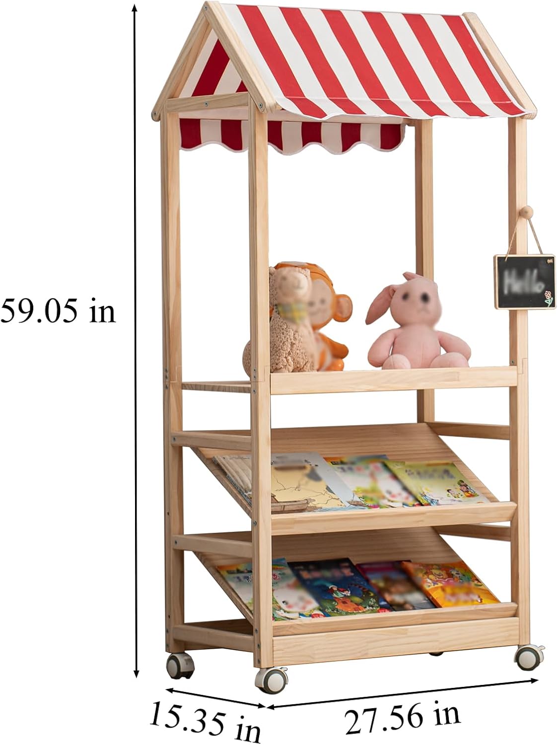 3 Tier Wood Storage Rack with Lockable Casters for Easy Movement for Living Room Bed Room Wooden Storage Shelf Bookshelf Coat Rack for Books Toys Clothes, a Rod (Red & White roof)