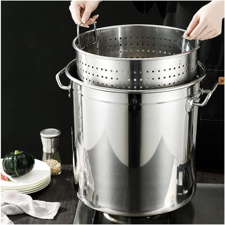 Stainless Steel Stockpot with Lid & Strainer Basket - Perfect for Crawfish, Seafood Boil, Pasta, and Soup Cooking(70 Litres)