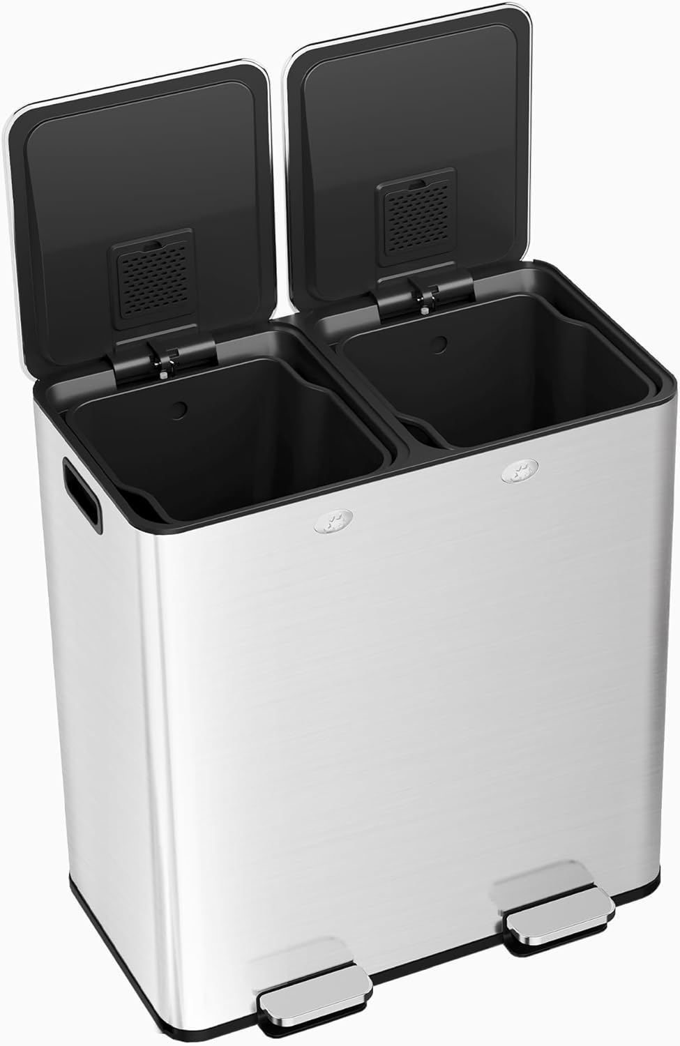 60L/16 Gal Trash Can, Double Compartment Stainless Steel Trash Bin with Removable Basket, Dual Garbage Can with Lid & Step Foot Pedal, Rubbish Bins Kitchen Waste Basket for Office Restaurant