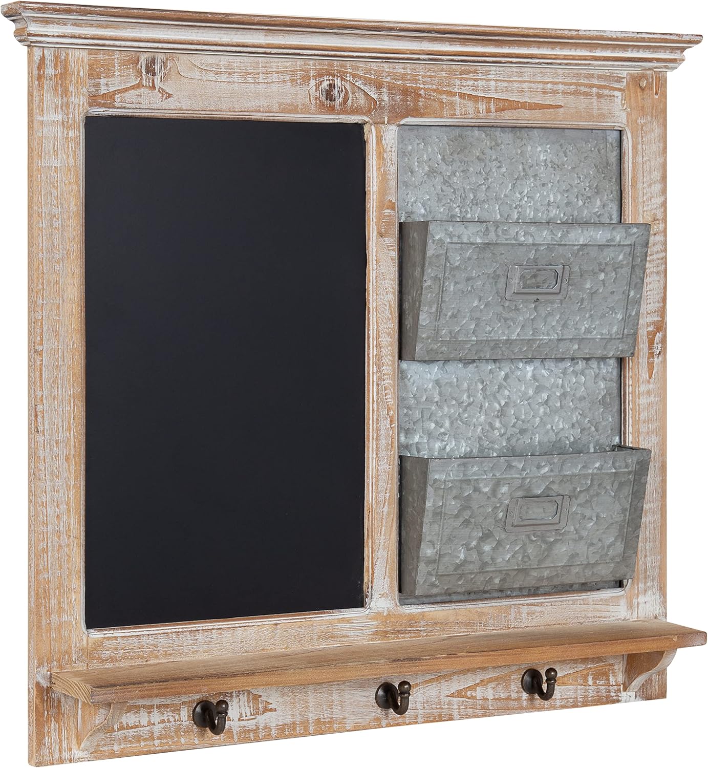 Kate and Laurel Idamae Farmhouse Wood Wall Organizer with Hooks; 28 x 25; White; Decorative Rustic Wall Organizer with Mail Holder; Chalkboard; and Three Key Holder Hooks