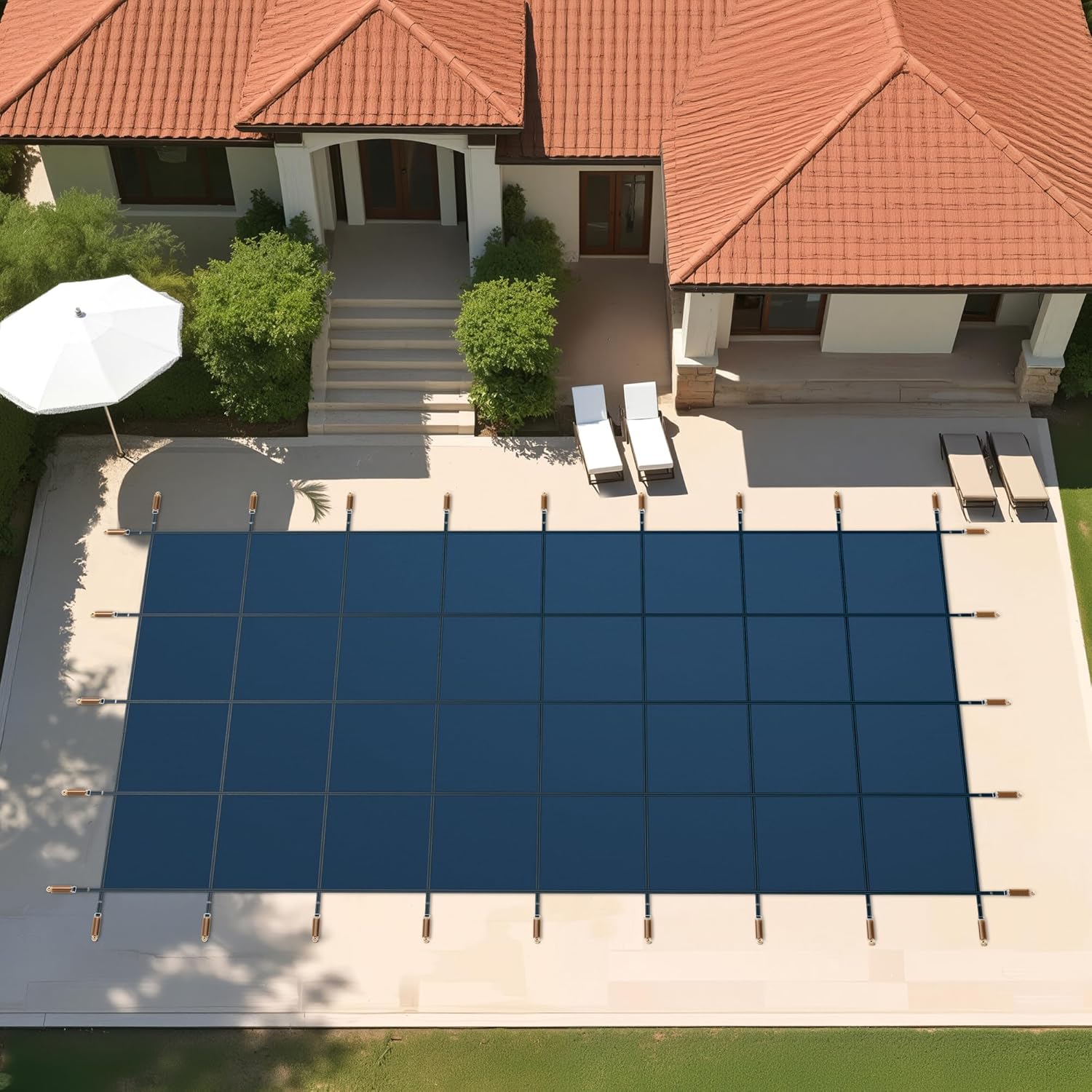 Inground Pool Safety Cover Fits 14 x 30 ft Rectangle Pool, ASTM Certified, Triple-Stitched, Abrasion Resistant, Pool Safety Cover w/Brass Anchors & Installation Kit, Cover Size 16 x 32 ft,Blue