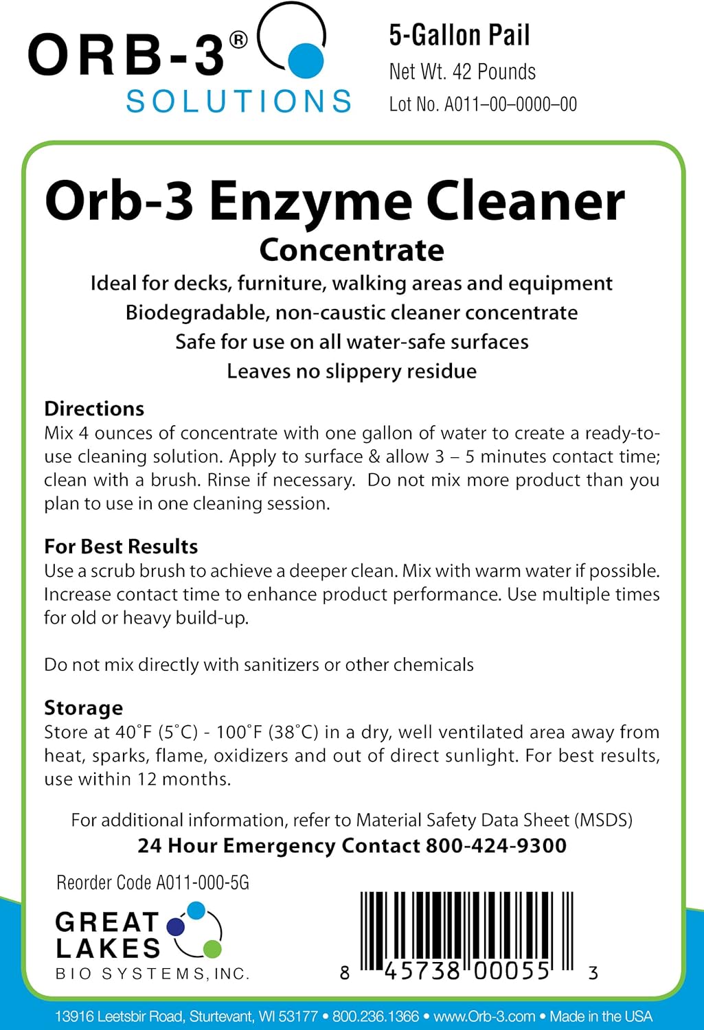 Orb-3 A011-000-5G Enzyme Cleaner Concentrate for Pools, 5-Gallon Pail