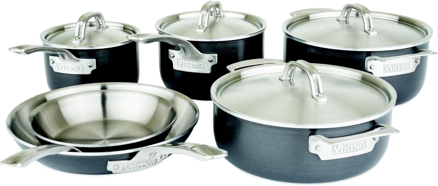 Viking 5-Ply Pots and Pans Set, 10 Piece Hard Anodized Cookware, Stainless Steel Lids, Silver