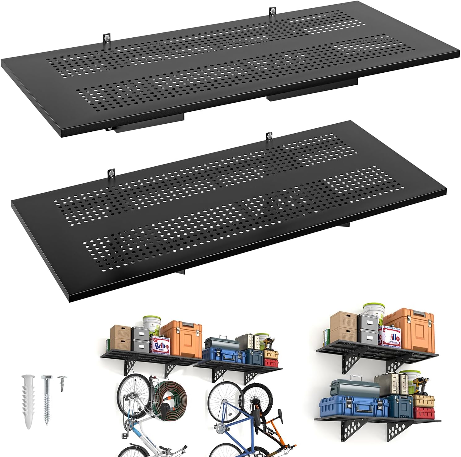 4 Pack 1,5x4ft Heavy Duty Garage Wall Shelving, Garage Shelving Wall Mounted, Storage Rack with Hooks (Black)