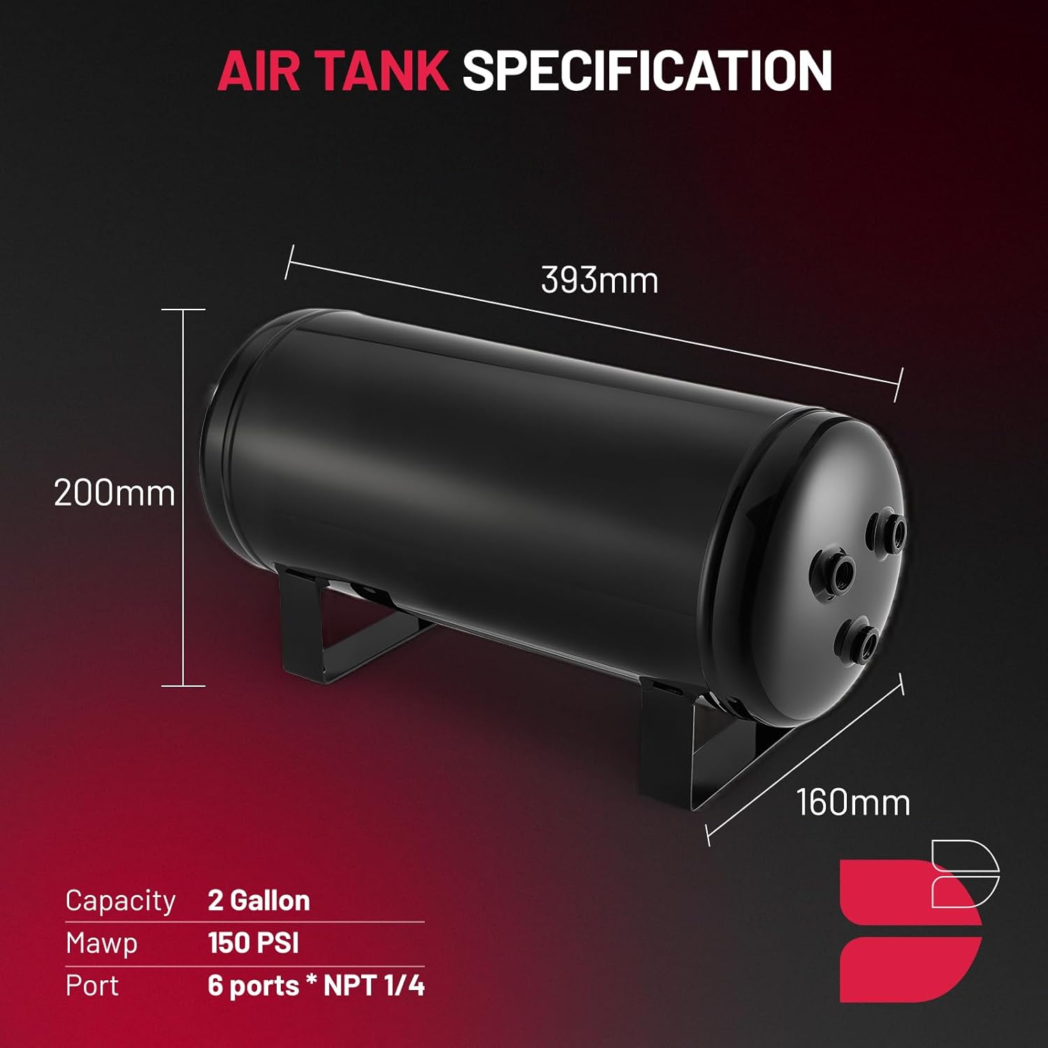 BDFHYK 2.0 Gallon Compressed Air Tank - 6 Ports with 1/4-Inch NPT Thread, 150 PSI Rated On-Board Air Tank for Air Suspension System, Air Brake System, Tire Inflation & Truck/Train Horns/Car