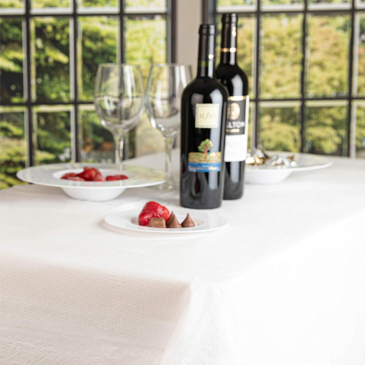 Disposable 3 Ply Paper & Plastic Tablecloth Absorbent, Waterproof, White Table Cover for Rectangle Tables fits 6-8 Foot Tables Size: 54'' X 108'' Packs of 20