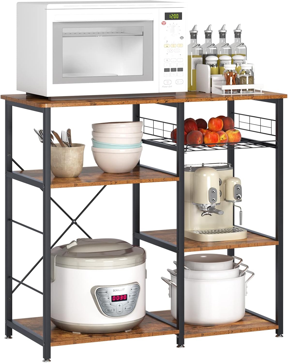 DlandHome Kitchen Bakers Rack with Storage Stand for Kitchen, Industrial Kitchen Baker's Rack, 35.4 inches Microwave Oven Stand, 3-Tier+4-Tier Utility Storage Shelf with Hooks and Basket Rustic Brown