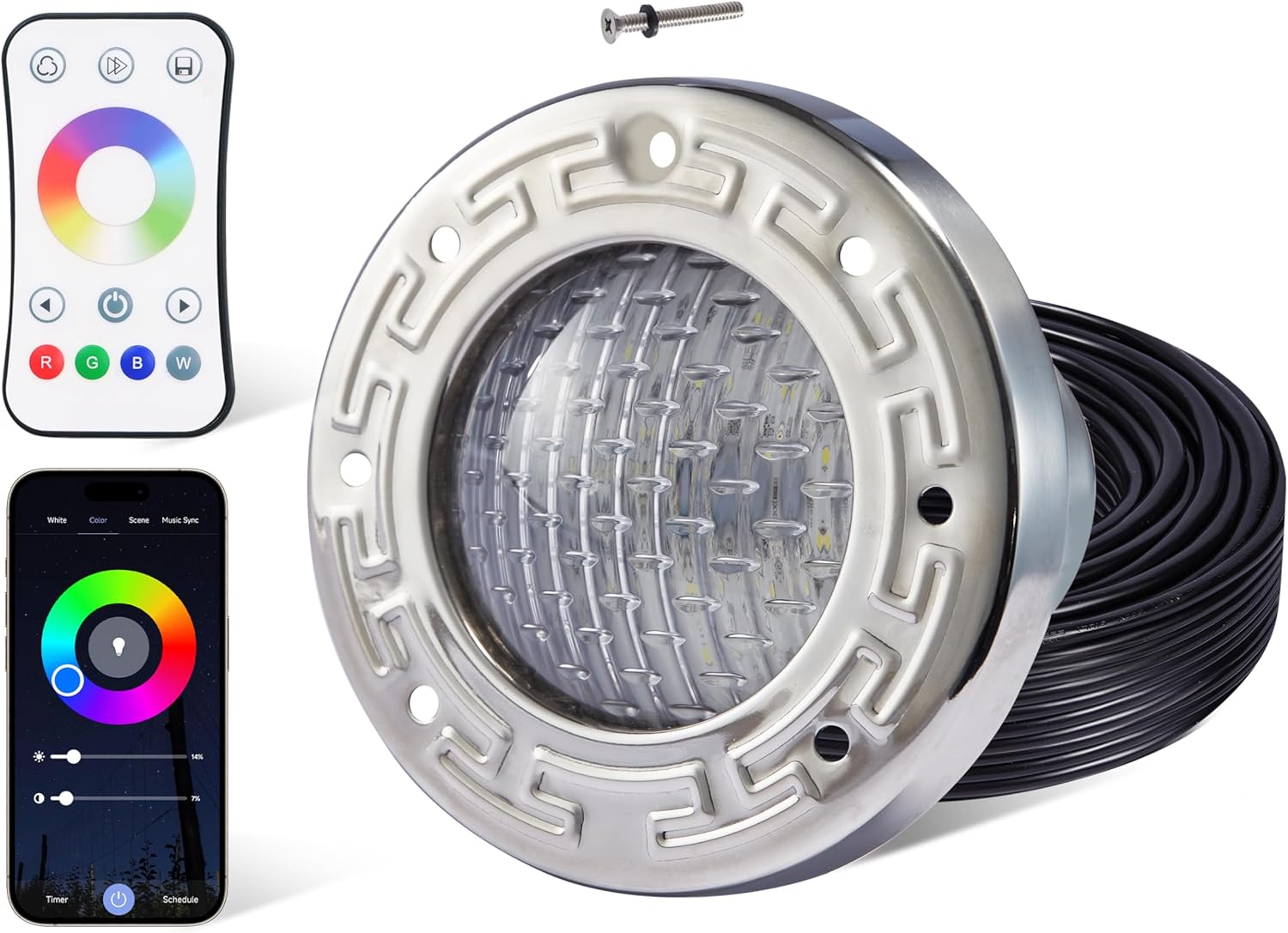 HQUA PN04DC LED Inground Pool/Spa Lighting System RGBW Color Change 6 Inch 50W, Remote/App Control, 120V AC, 100 Feet Cord, UL Listed Transformer Included