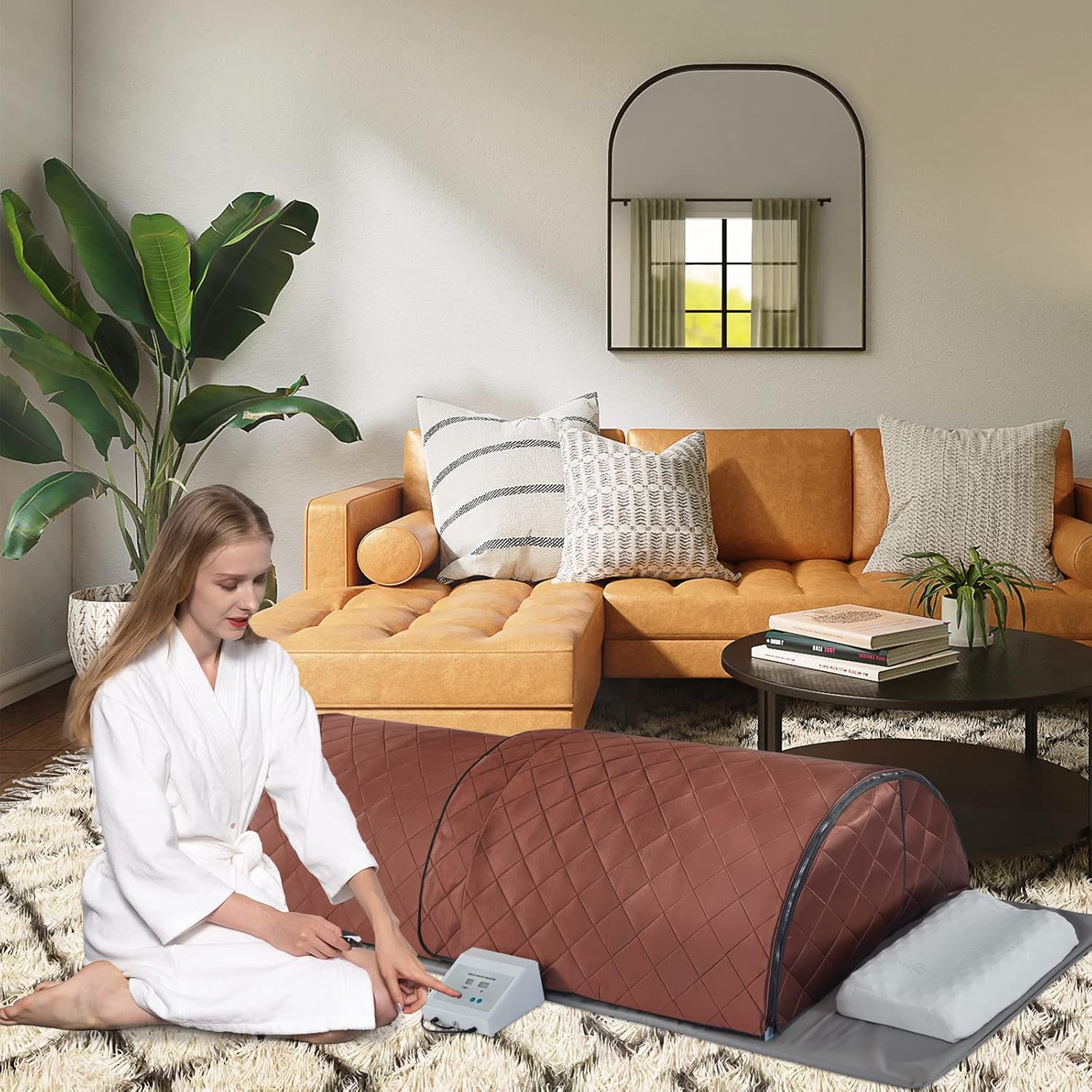 Smartmak Far Infrared Sauna Dome for Personal Home Spa, Two - Stage 360 Degree Complete Coverage Lying Down Portable Sauna Capsul with Remote Control, Waterproof Mat & Pillows for Relax Therapy-Brown