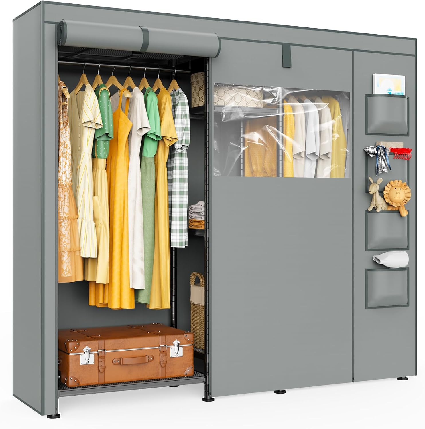 LEHOM G6C Heavy Duty Clothes Rack with Cover, Wire Garment Racks for Hanging Clothes, Adjustable Black Portable Closets with Storage Shelves，Wardrobe Clothing Rack with Grey Clear Window Cover