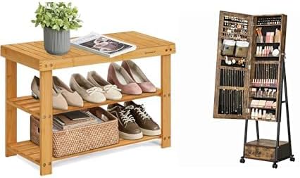 SONGMICS Shoe Rack Bench, Jewelry Cabinet Floor Standing, ULBS04N and UJJC004X01