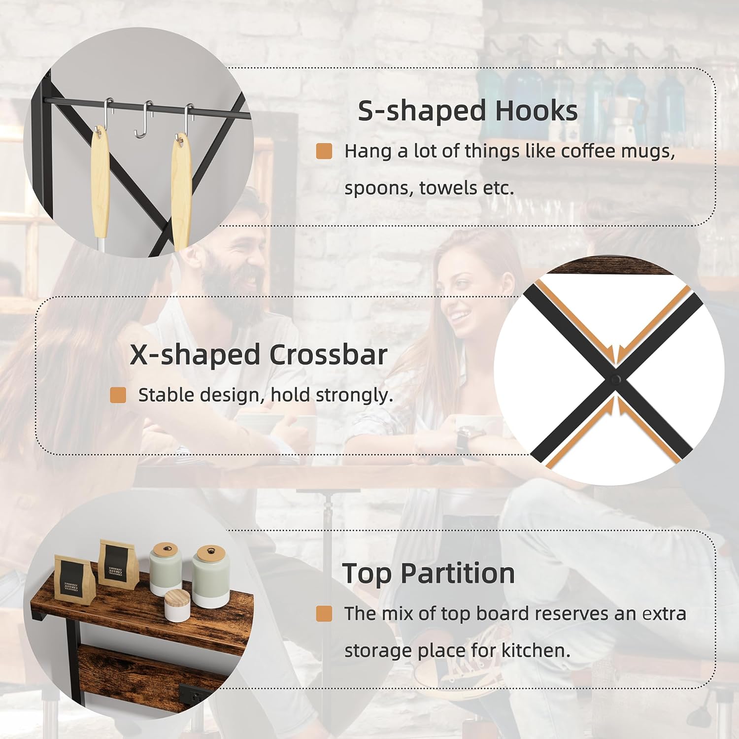 Shintenchi Bakers Rack with Power Outlet, Kitchen Organizer and Storage with 6 Hooks, Microwave Oven Stand, Kitchen Shelf for Spice, Coffee Station, Coffee Bar Table (Vintage Brown)